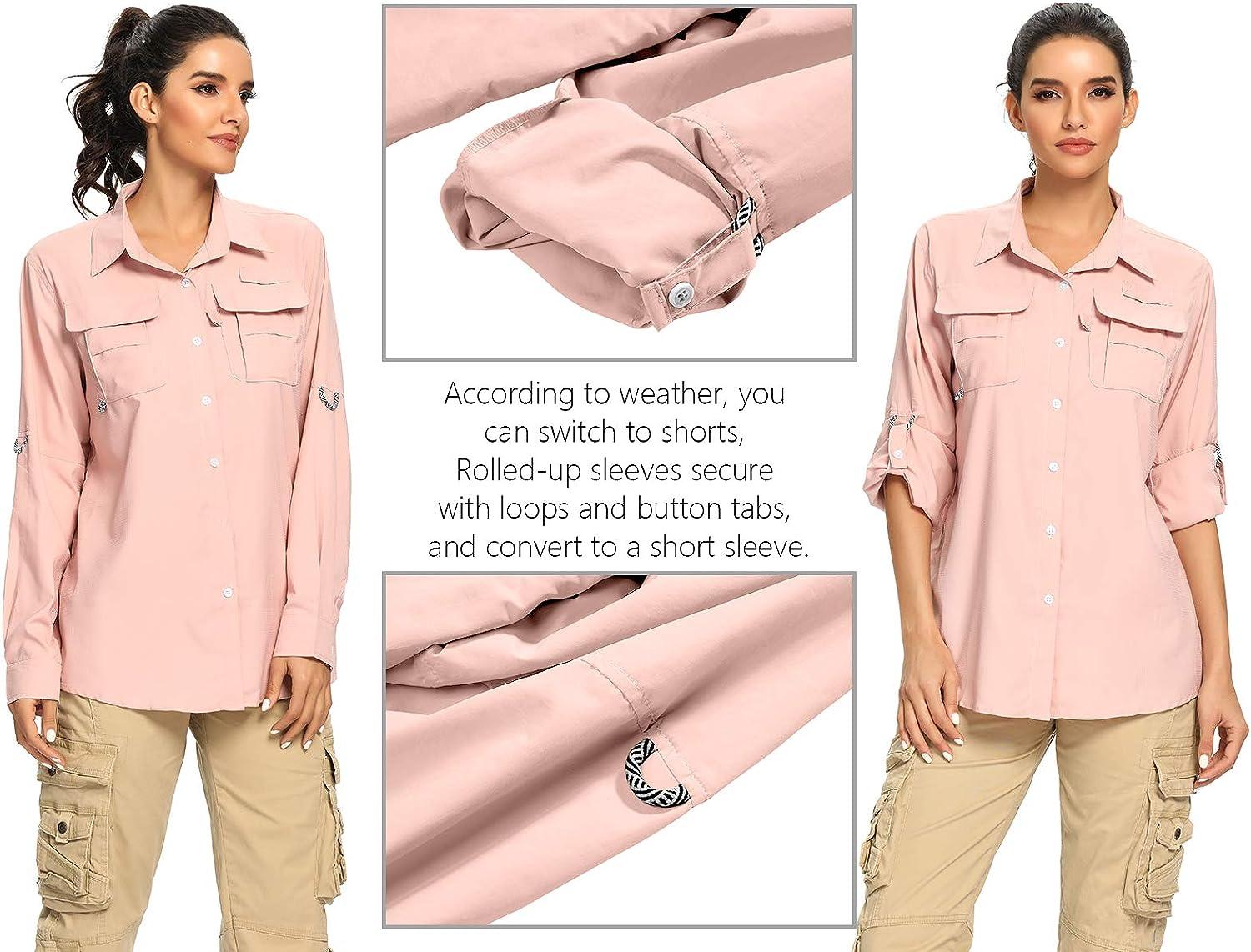 Women's UPF 50+ UV Sun Protection Safari Shirt, Long Sleeve Outdoor Cool  Quick Dry Fishing Hiking Gardening Shirts 5055 Pink Medium