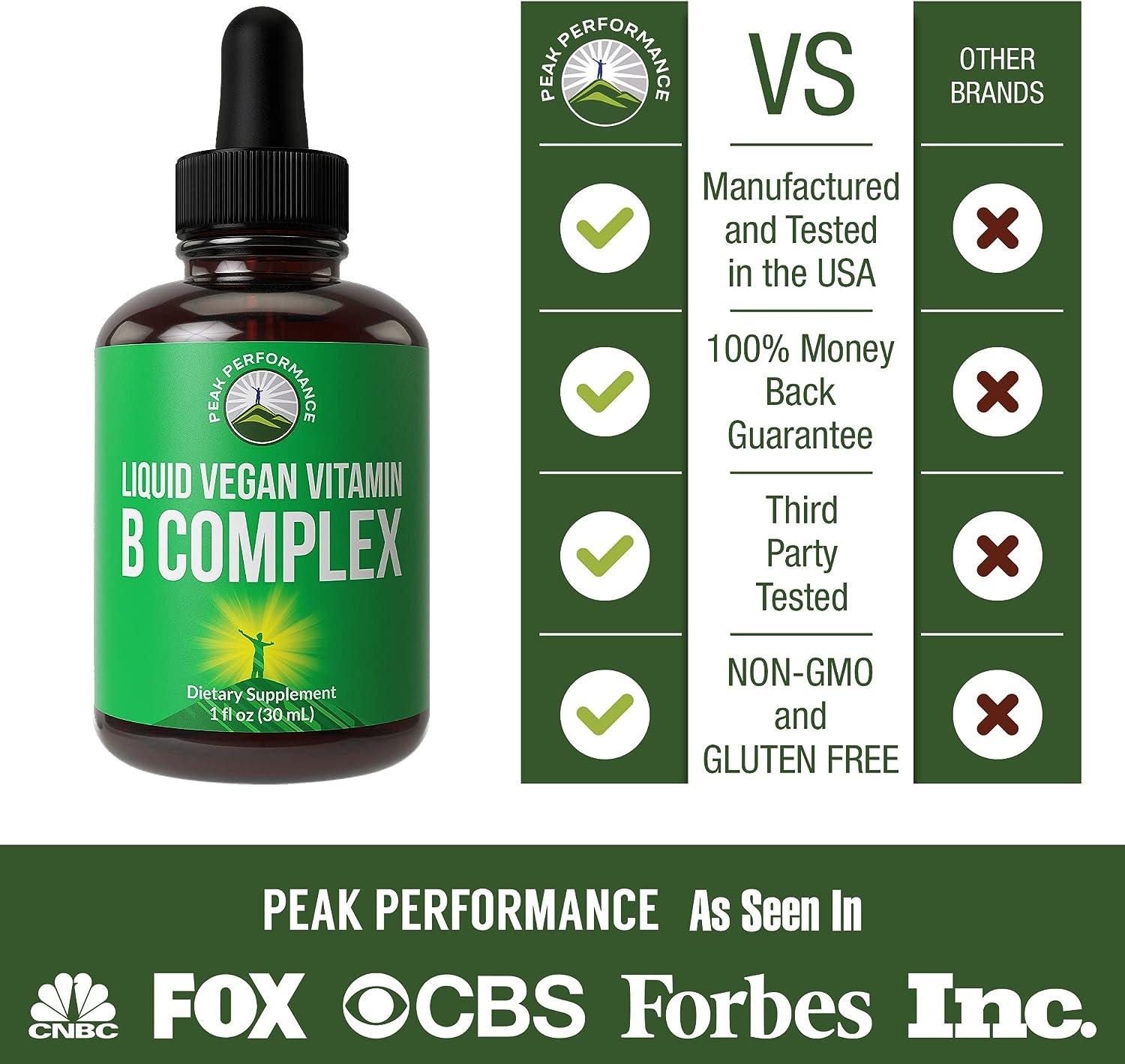 Dark amber glass bottle of Peak Performance Liquid Vegan Vitamin B Complex with a green label and promotional comparison badges highlighting features like 'Third Party Tested' and 'NON-GMO'.