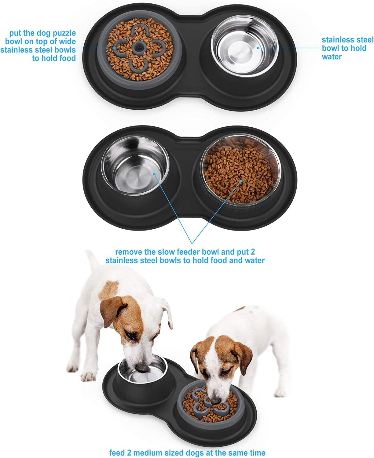 BurgeonNest Slow Feeder Dog Bowls, 27oz Stainless Steel 4-in-1 Food and  Water Bowls with No-Spill Silicone Mat Bloat Stop Slow Down Eating Puzzle  Bowl for Medium Small Sized Dogs Grey
