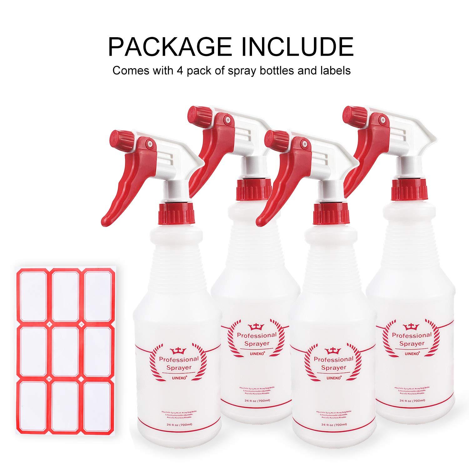 Uineko Plastic Spray Bottle (4 Pack, 24 Oz, All-Purpose) Heavy Duty Spraying  Bottles Leak Proof Mist Empty Water Bottle for Cleaning Solution Planting  Pet with Adjustable Nozzle and Measurements 24 Oz, 4 Pack