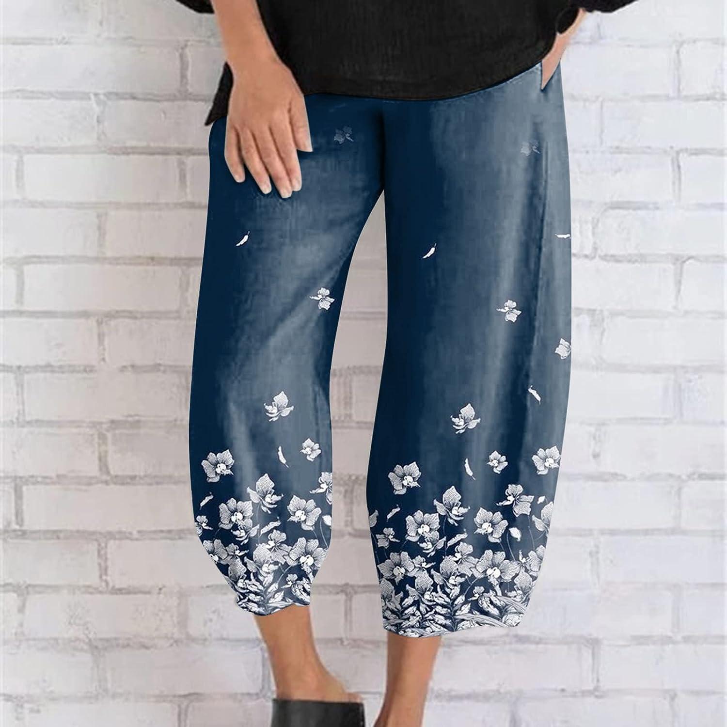 Womens Palazzo Pants Casual,Women's Casual Summer Capri Pants Cotton Linen  Print Wide Leg Ankle Pants with Pockets T01-navy X-Large
