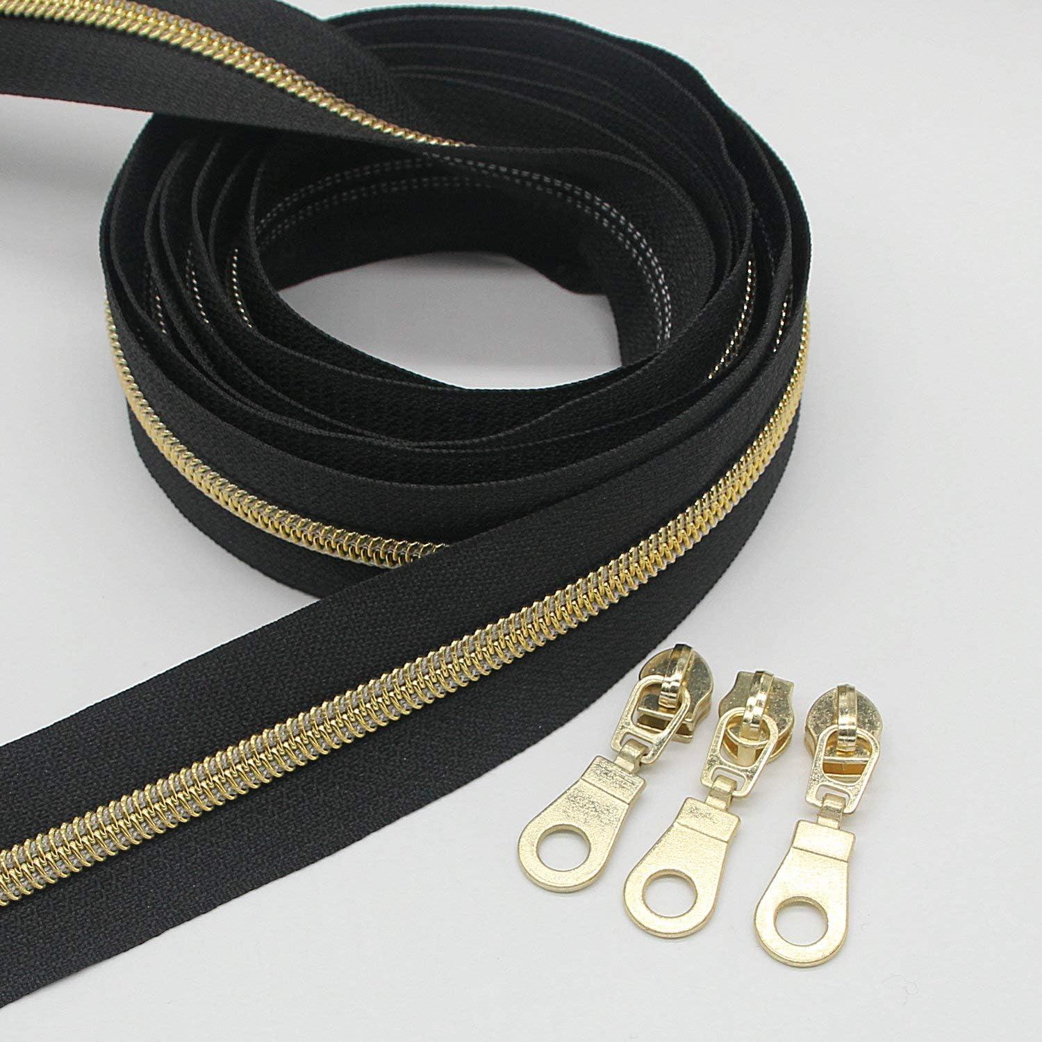10 Yards #5 Nylon Coil Zipper Tape with 10 Metal Slider Pulls - Black