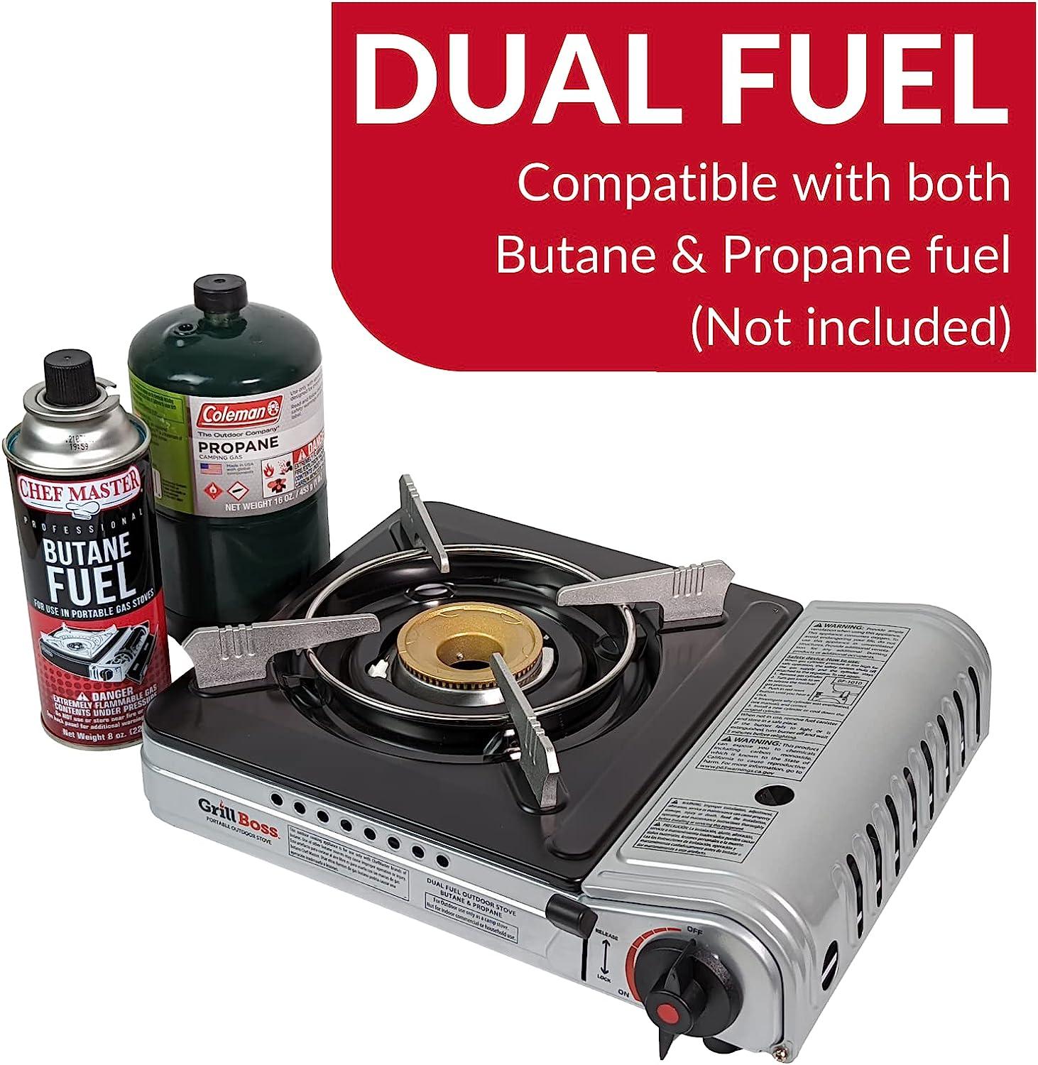 Grill Boss 90057 Dual Fuel Camp Stove, Works with both Butane and Propane, Perfect for Camping & Hiking, Emergency Cooking Stove, Single Burner  12k BTU Output