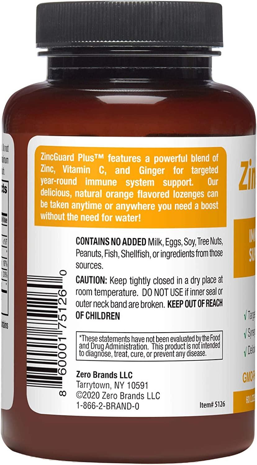 ZincGuard Plus Lozenges with Vitamin C & Ginger, 60 Naturally Orange Flavored Lozenges, GMOFree