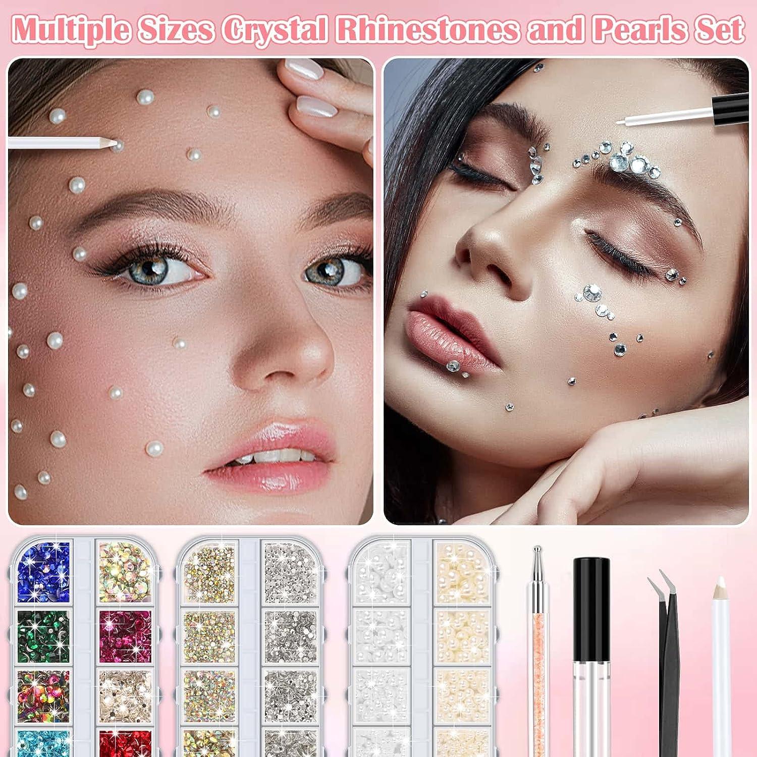 4504 Pcs Face Gems&Pearls with Glue for Makeup Eye Jewels Rhinestones Makeup  Gems White&Beige Face Pearls with Pickup Dotting Tools for Face Eye Makeup  Nail Art Craft Decorations