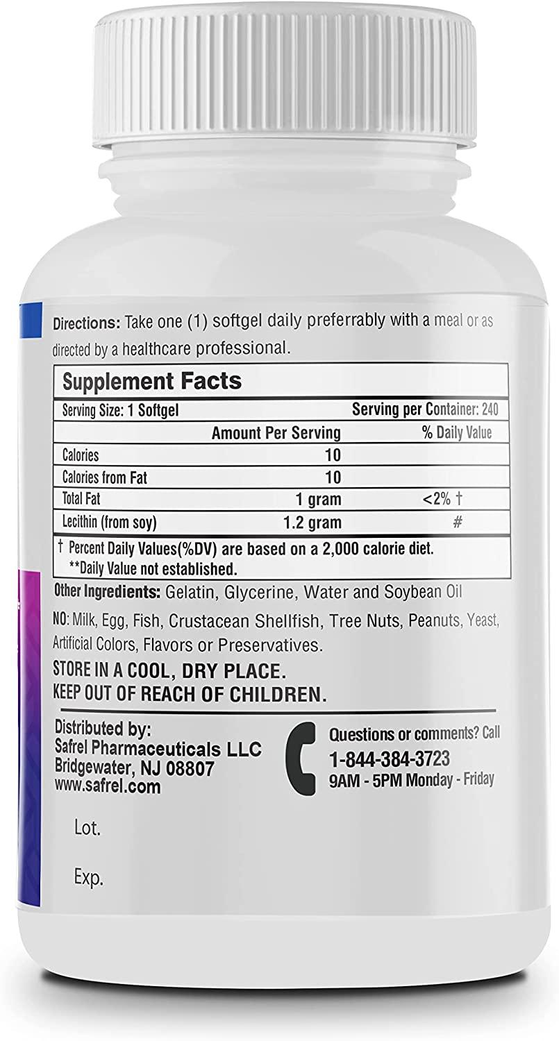 Safrel Lecithin 1200mg Softgels (240 Count) High Potency Non GMO Supplement for Brain