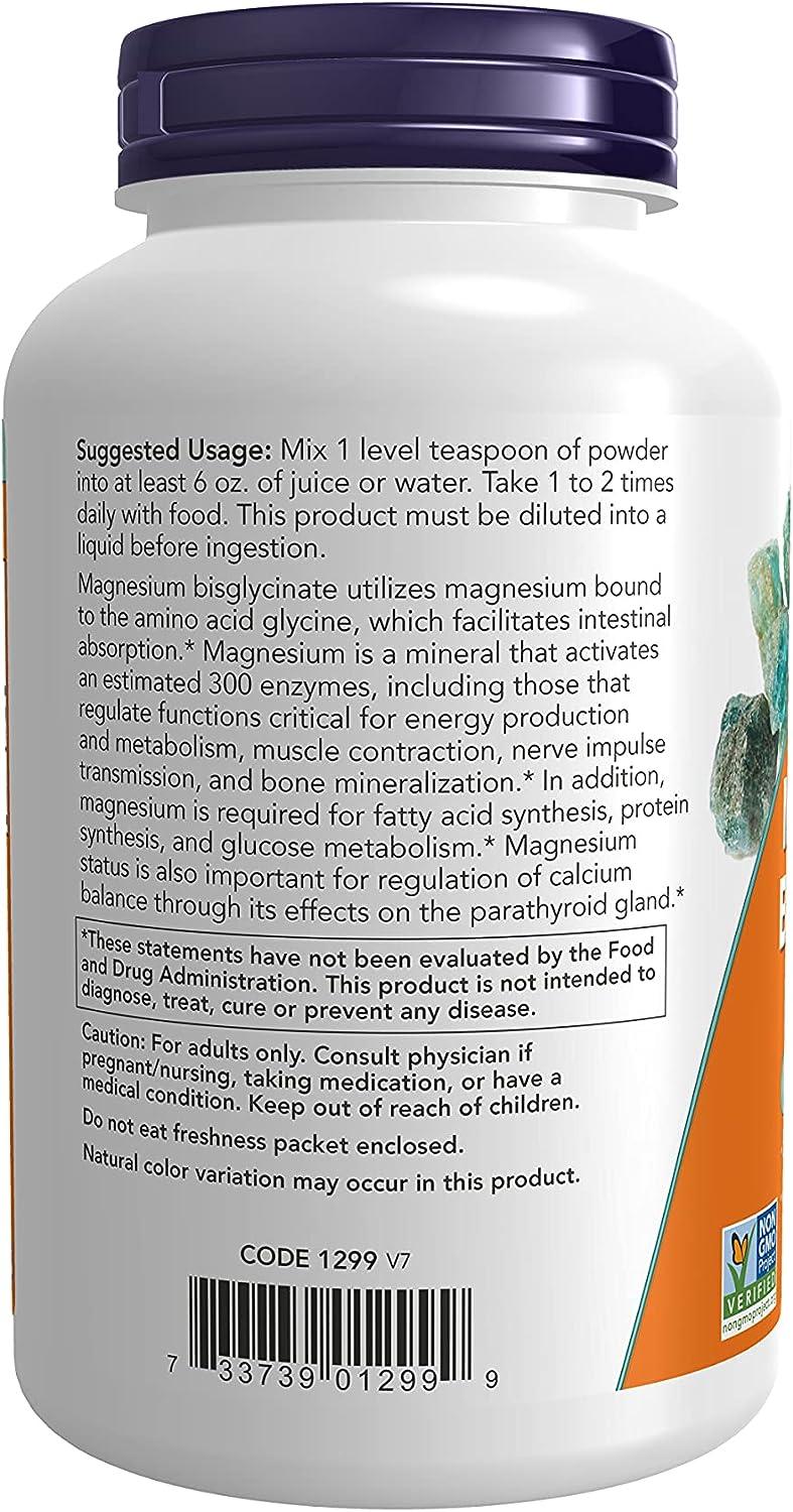 NOW Supplements Magnesium Bisglycinate Powder Enzyme Function* Nervous
