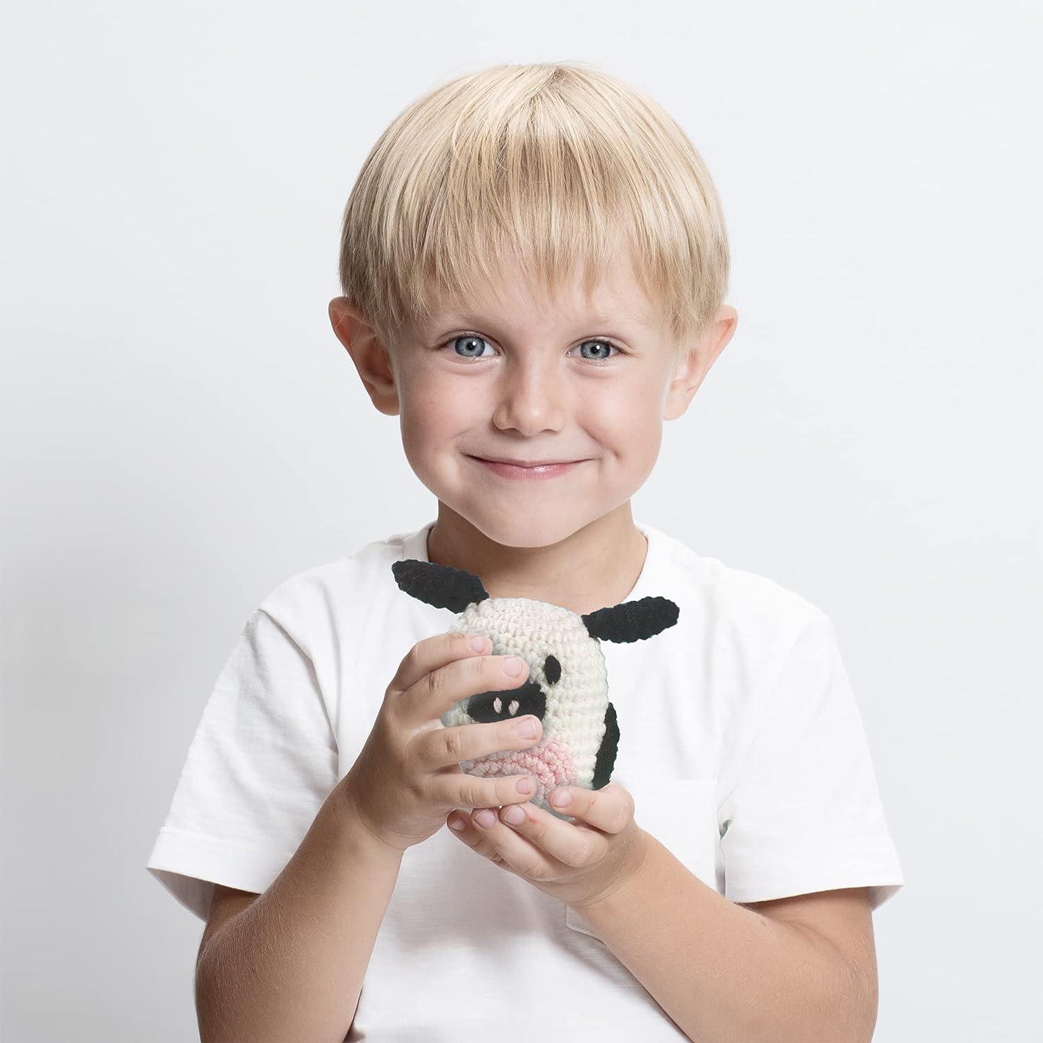 LEISURE ARTS Pudgies Animals Crochet Kit, Cow, 3", Complete Crochet kit