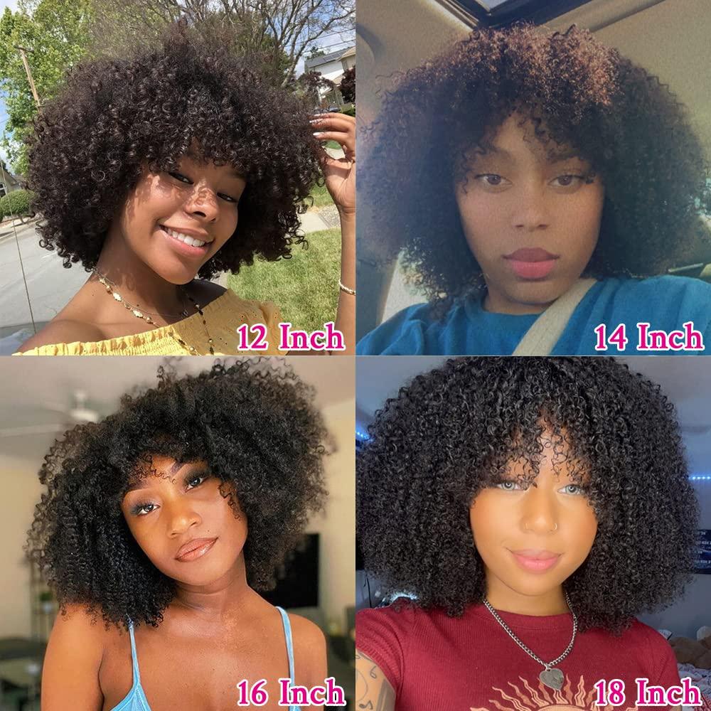 Afro Kinky Curly Wig With Bangs Brazilian Virgin Curly Human Hair Wig 200%  Density Full Machine Made Scalp Base Top Wigs for Black Women Natural Color  18inch 18 Inch Natural Color