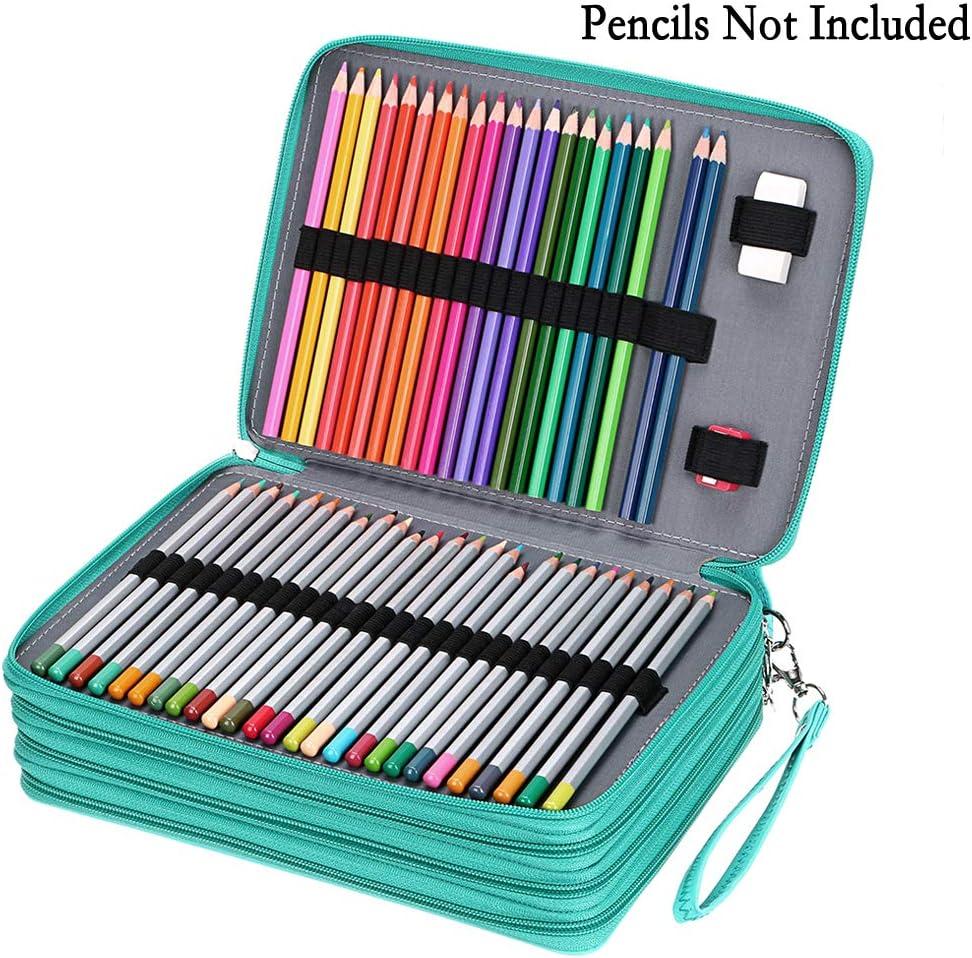 BTSKY 200 Slots Colored Pencil Organizer - Deluxe PU Leather Pencil Case  Holder With Removal Handle Strap Pencil Box Large for Colored Pencils  Watercolor Pencils (Green)