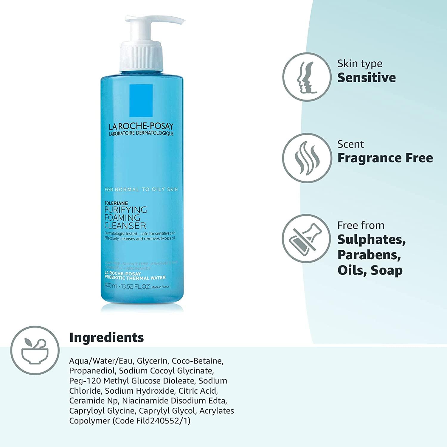 La Roche-Posay Toleriane Purifying Foaming Facial Cleanser, Oil Free Face Wash for Oily Skin and for Sensitive Skin with Pore Cleanser Wont Dry Out Skin, Unscented 13.52 Fl Oz (Pack of