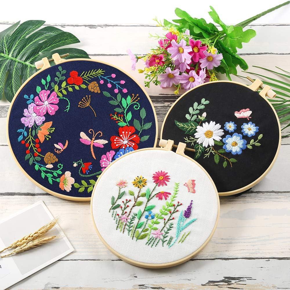 Myfelicity 3 Sets of Beginner Embroidery Kits Embroidery Starter Kits Adult Womens Hobbies Including Cloth with Floral Patterns Colored Threads Needle