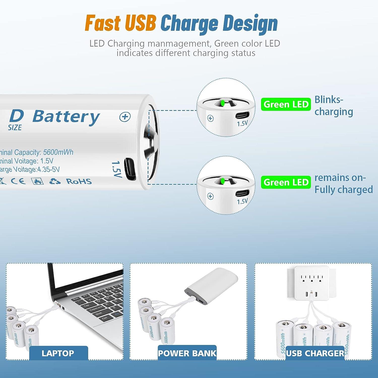 Piles D Rechargeable USB Lithium 15000mWh - 4 pièces 1,5V USB D Cellules  Batterie Rechargeables Charge Rapide en 4 Heures avec Câble de Charge Type  C : : High-Tech
