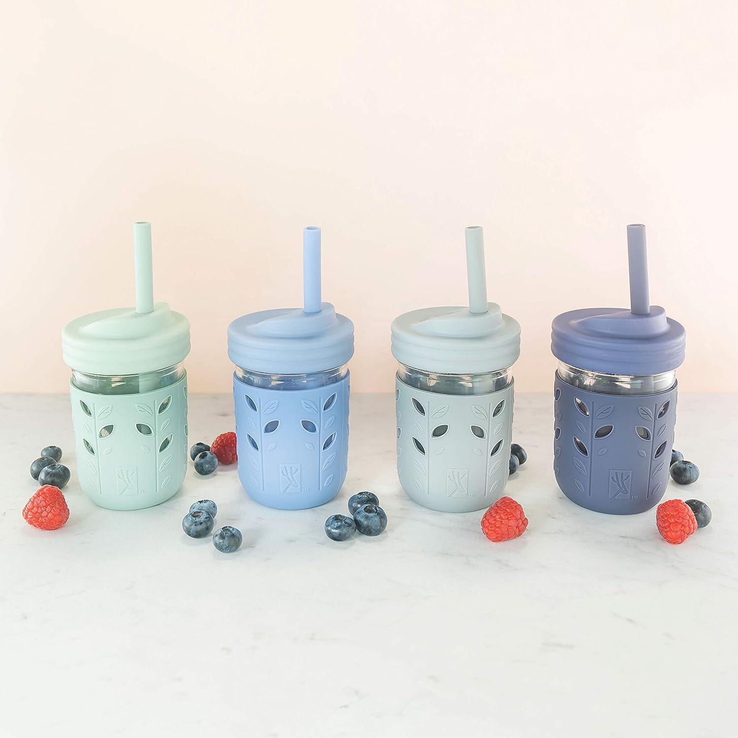 Elk and Friends Kids & Toddler Cups, The Original Glass Mason jars 8 oz  with Silicone Straws with Stoppers, Smoothie Cups