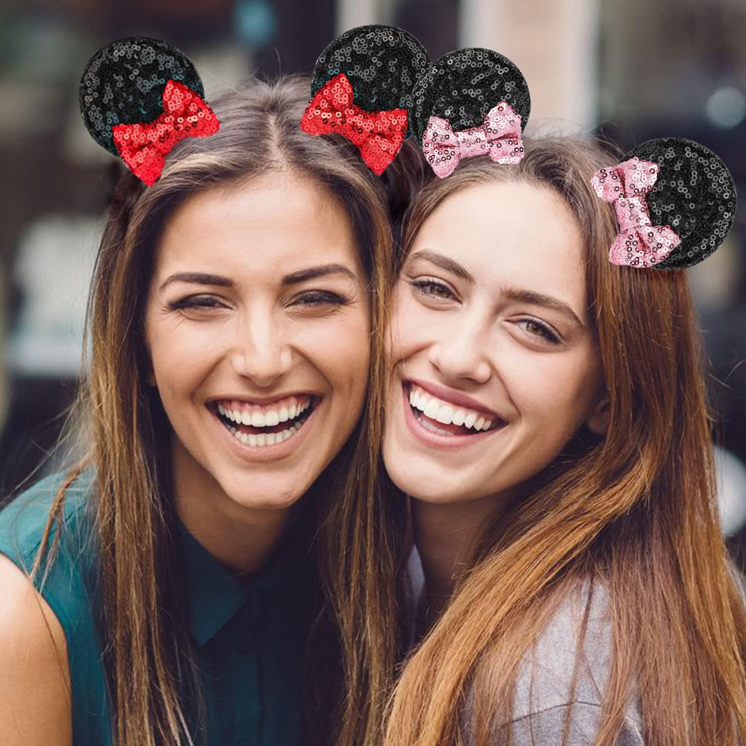 4 Pcs Mickey Mouse Ears Minnie Ears Clips Sequin Mouse Ears Hair Clips Hair  Accessories for Women Girls Kids Adult Mommy Pink Red