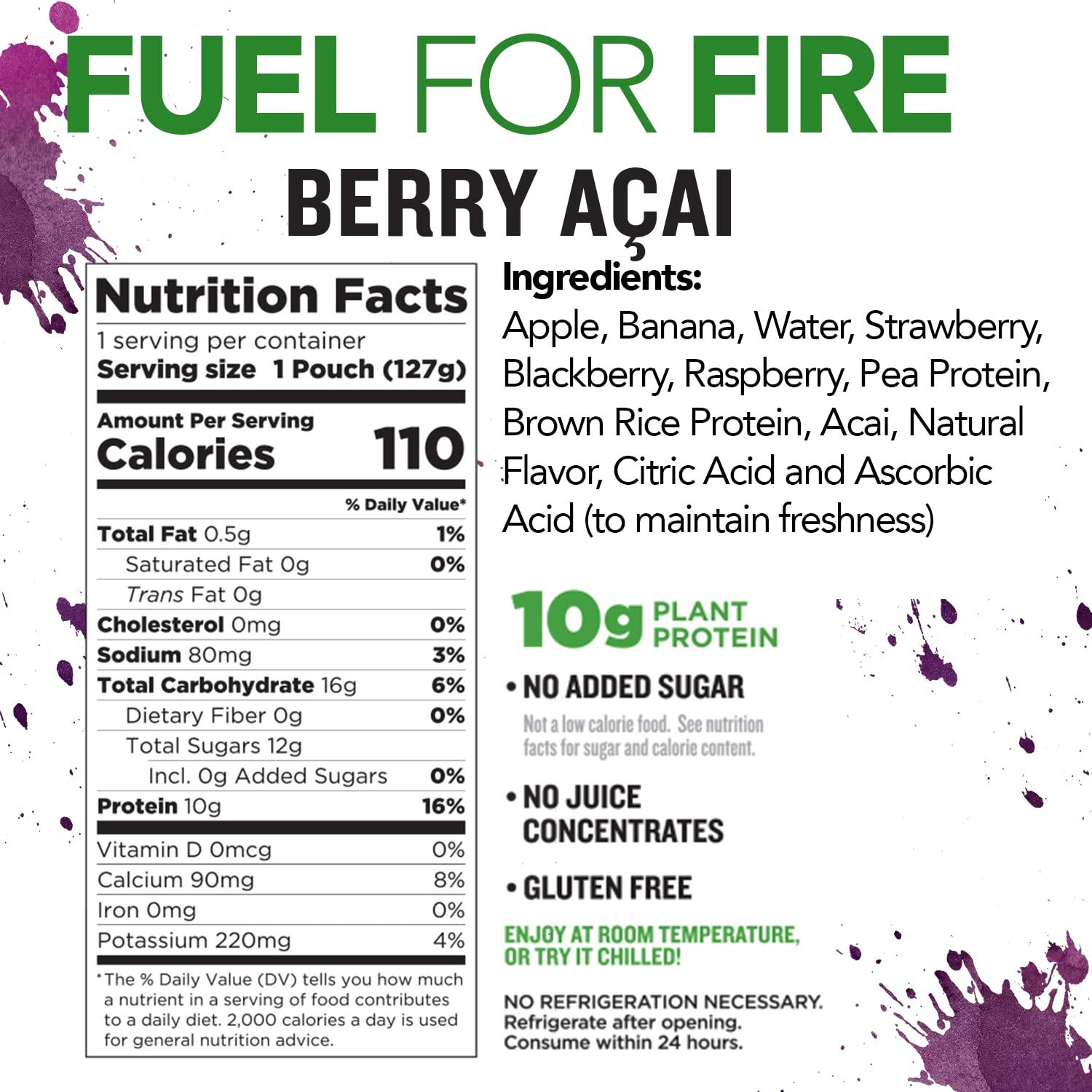 Fuel for Fire Protein Smoothie Pouch 10 g Protein Vegan Berry Acai