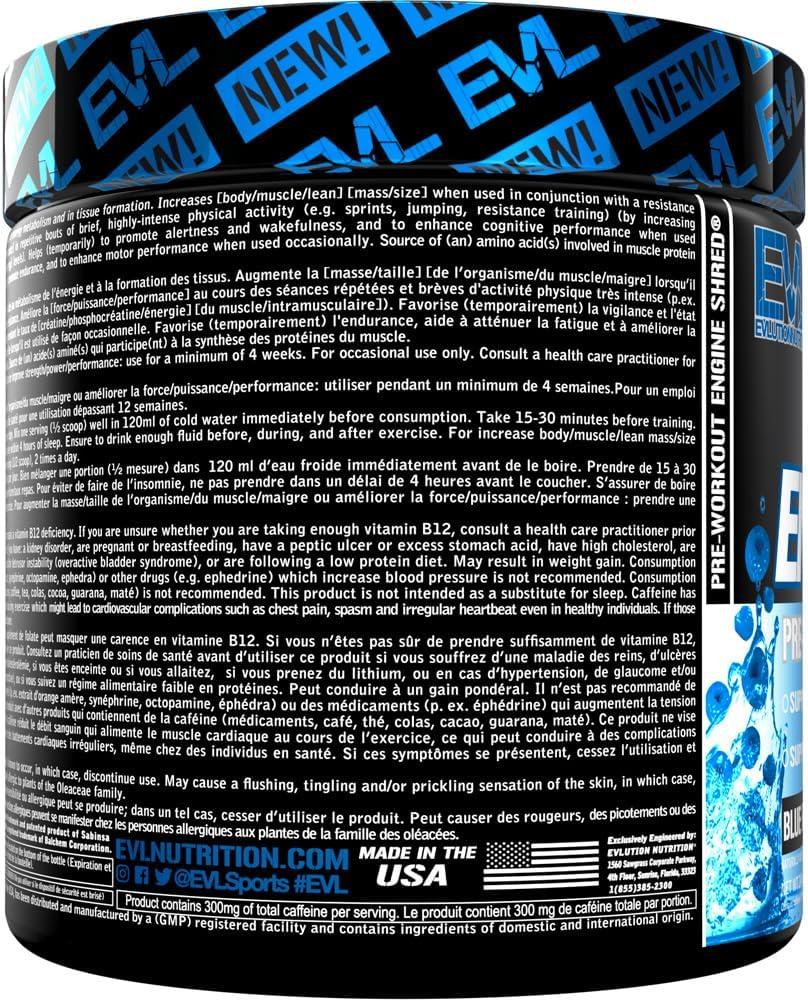 Shredding Pre Workout Powder - Evlution Nutrition Ultimate Pre Workout  Supplement with L-Carnitine and Capsimax for Intense Body Toning Energy  Focus and Gains (30 Servings) - Blue Raz