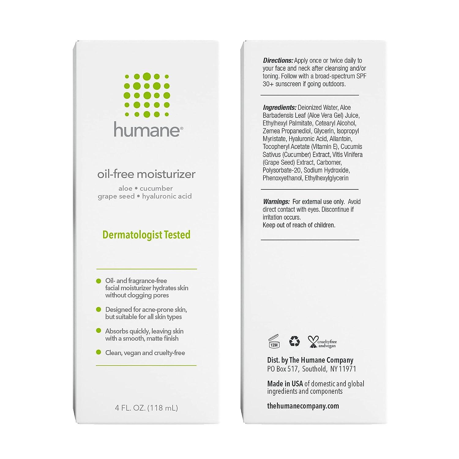 Humane OilFree Lightweight Face Moisturizer for AcneProne Skin 4 Fl Oz Gentle & Soothing