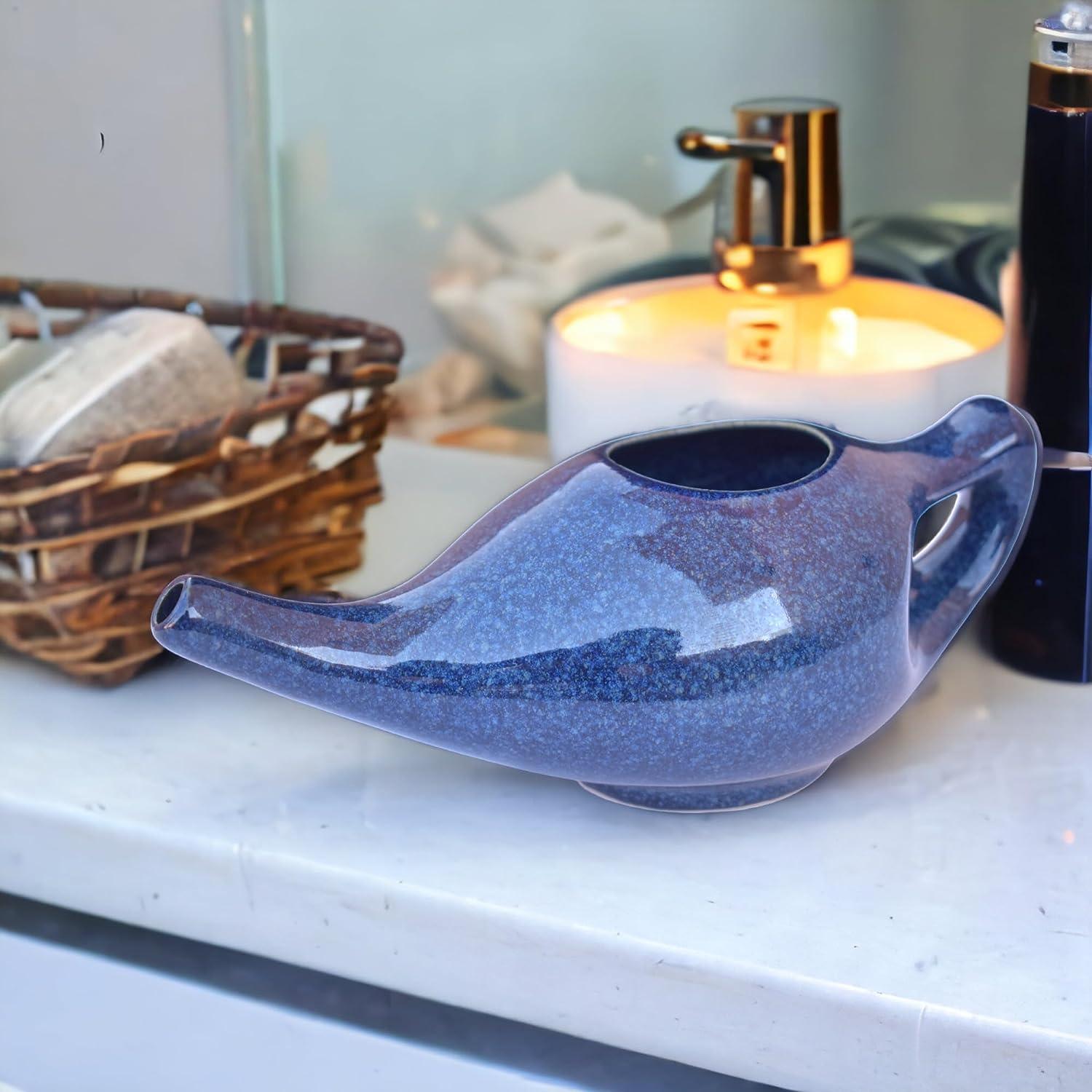 Ceramic Neti Pot - Nasal Cleansing + 5 Sachet Neti Salt - Premium  Handcrafted Durable Dishwasher Safe - 225ml (7.6 fl oz) Capacity - Blue  Color - Sinus Rinse Kit