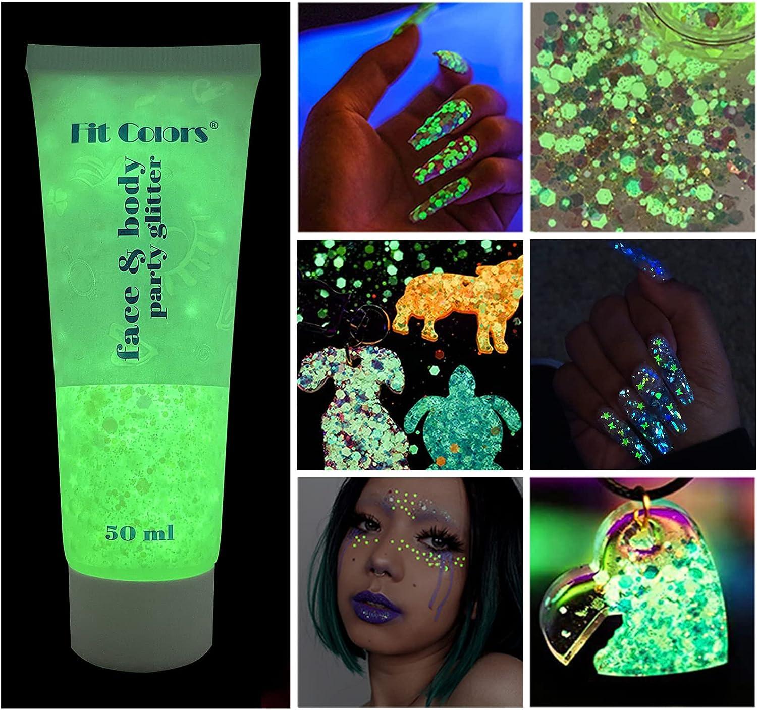 quckangy Glow in The Dark Body Face Glitter Gel 12 Colors Chunky Glitter for Nails High Luminous Iridescent Glitter Cosmetic Eyeshadow Loose Glow Glitter for