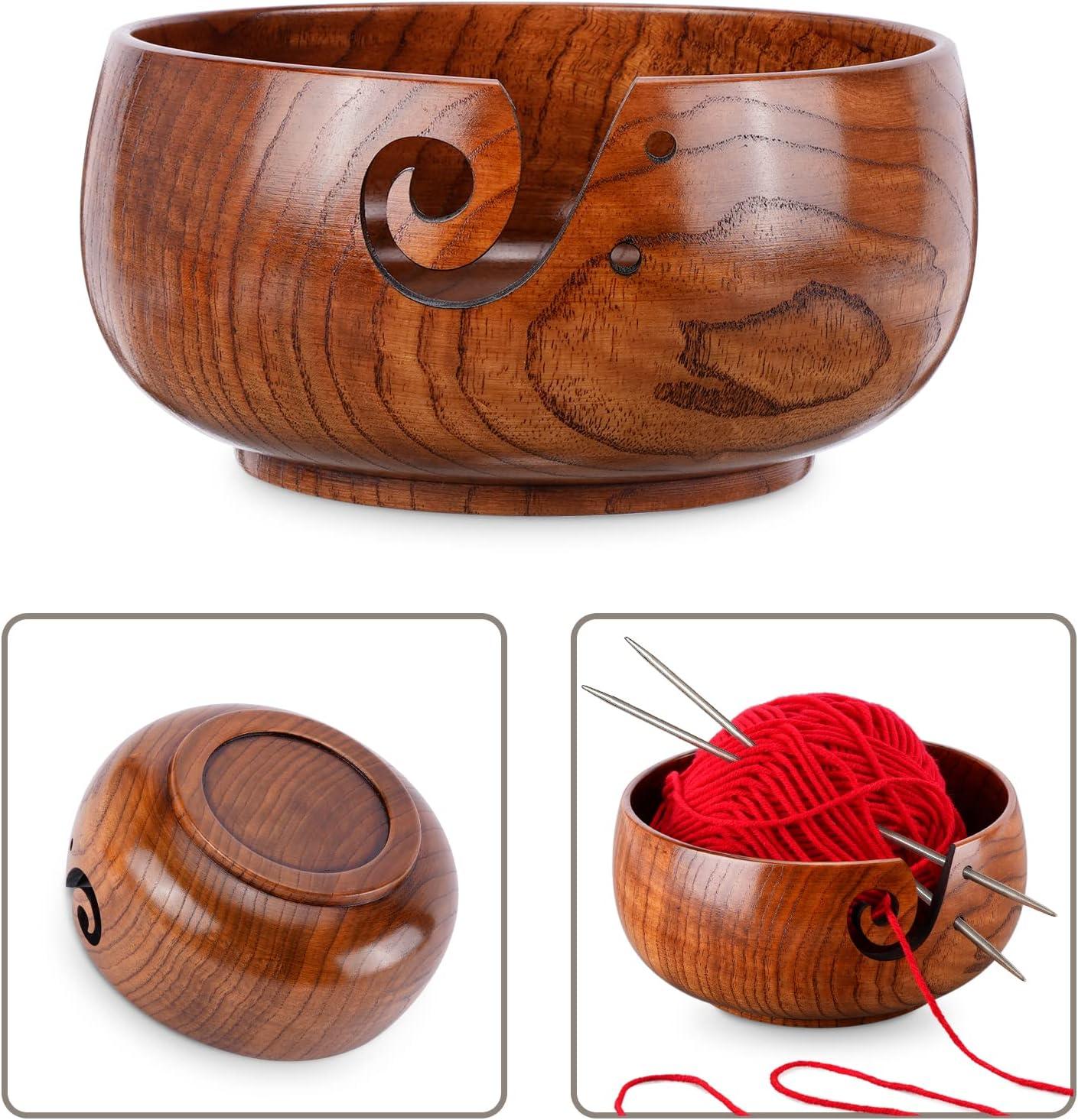 Crochet Bowl Large Wooden Yarn Bowls With Holes Handmade Round