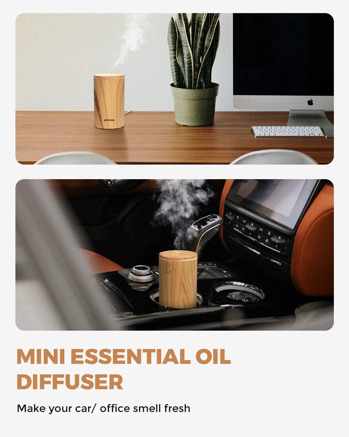 muson Mini Essential Oil Diffuser Aroma Cool Mist Humidifier for Car Office  Travel with Colorful Mood Lights, USB Powered, Ultra Quiet, Auto Shutoff,  100 ml, Wood Grain