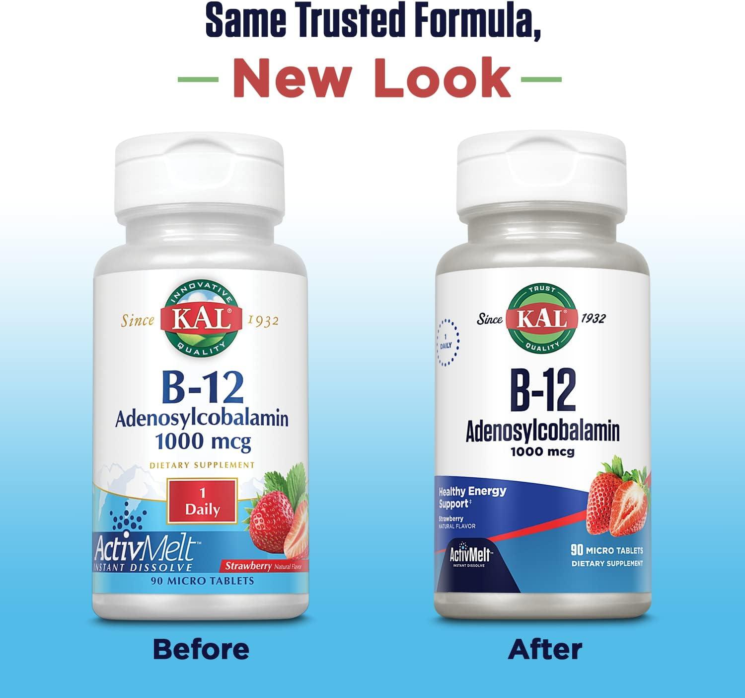 KAL Vitamin B12 1000 mcg Adenosylcobalamin ActivMelt B12 Energy Supplements Metabolism Nerve and