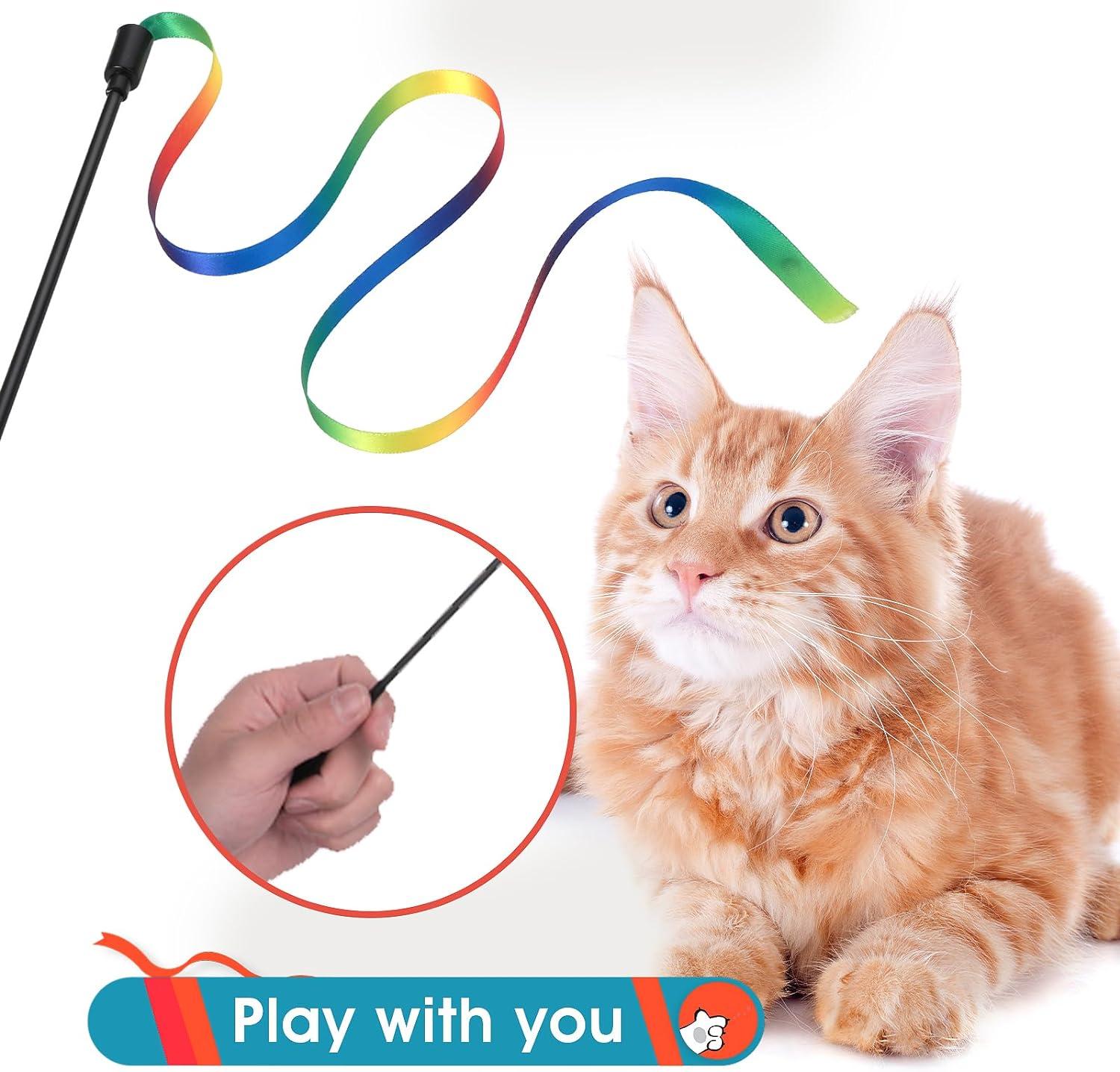 Cat Wand Toy Set, Interactive Cat Wand Toy With Rainbow Ribbon String, Rainbow C