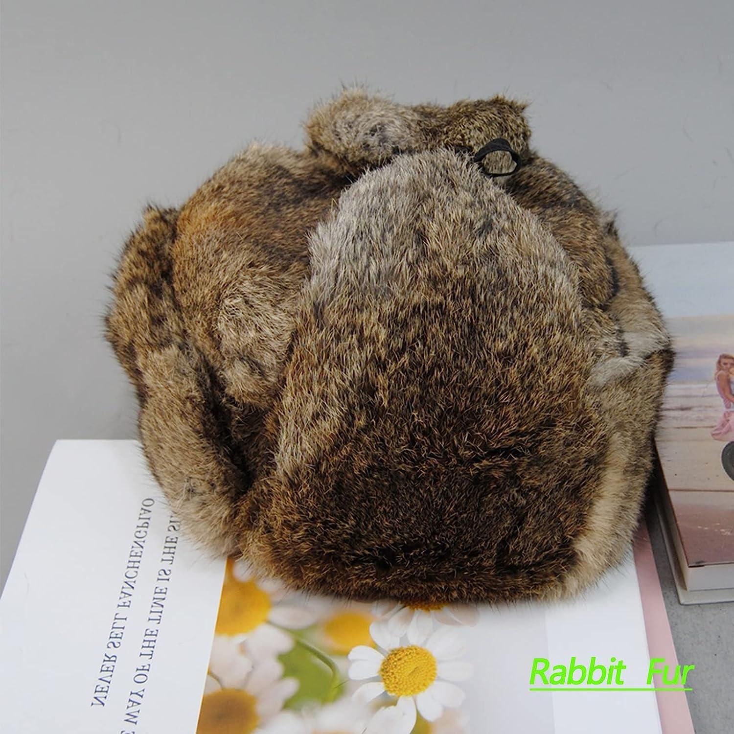 Valpeak Mens Fur Hat Rabbit Fur Russian Ushanka Hats Earflap Trapper Hat for  Winter Brown X-Large