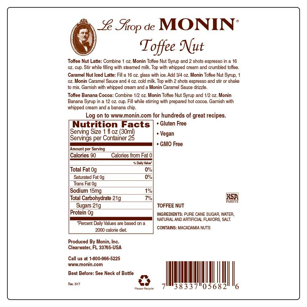 Monin Toffee Nut Syrup Bold & Buttery Flavor for Coffee & Desserts