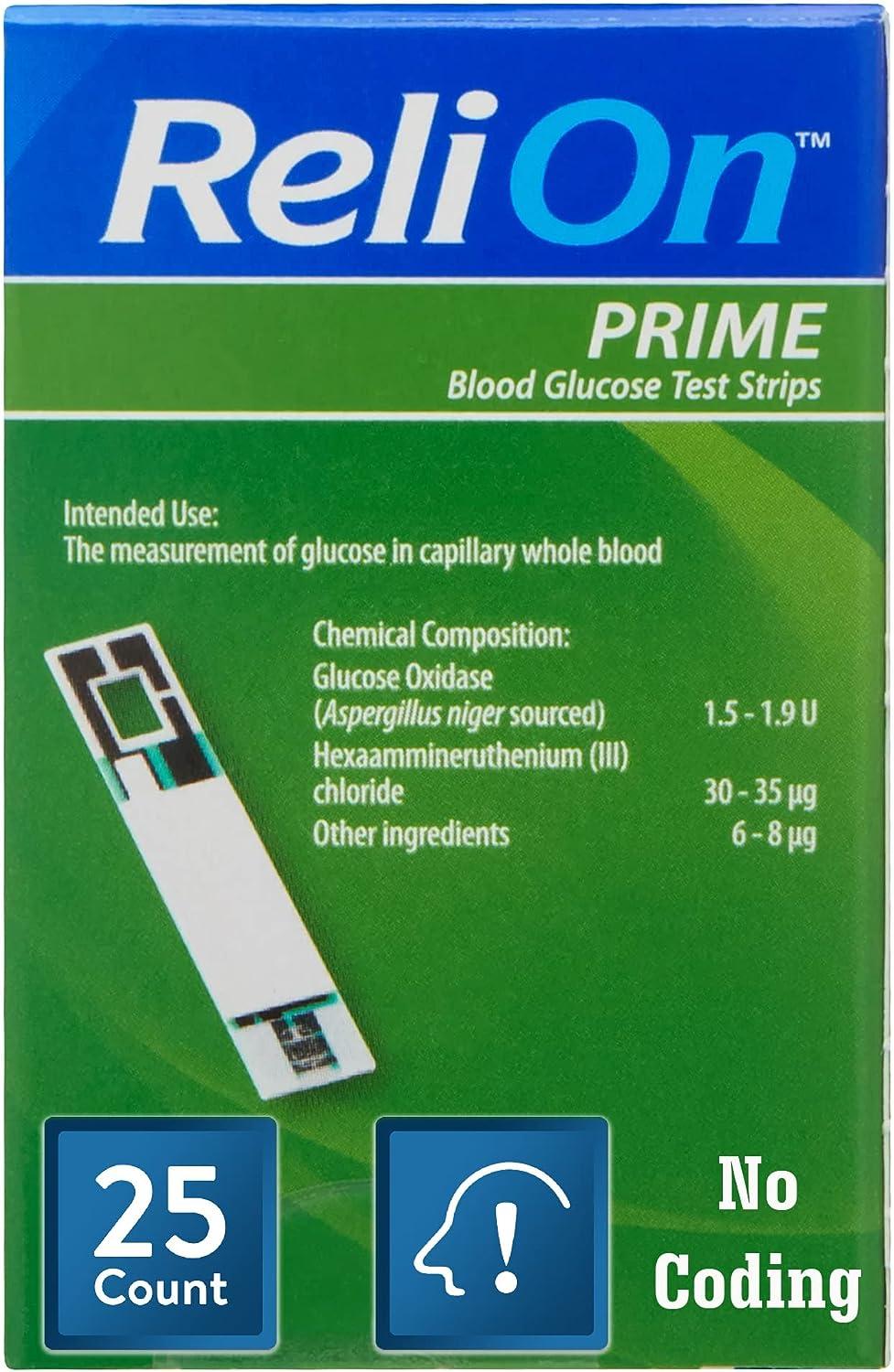 Blood Glucose Test Strips. Includes Luall Sticker + ReliOn Prime Blood