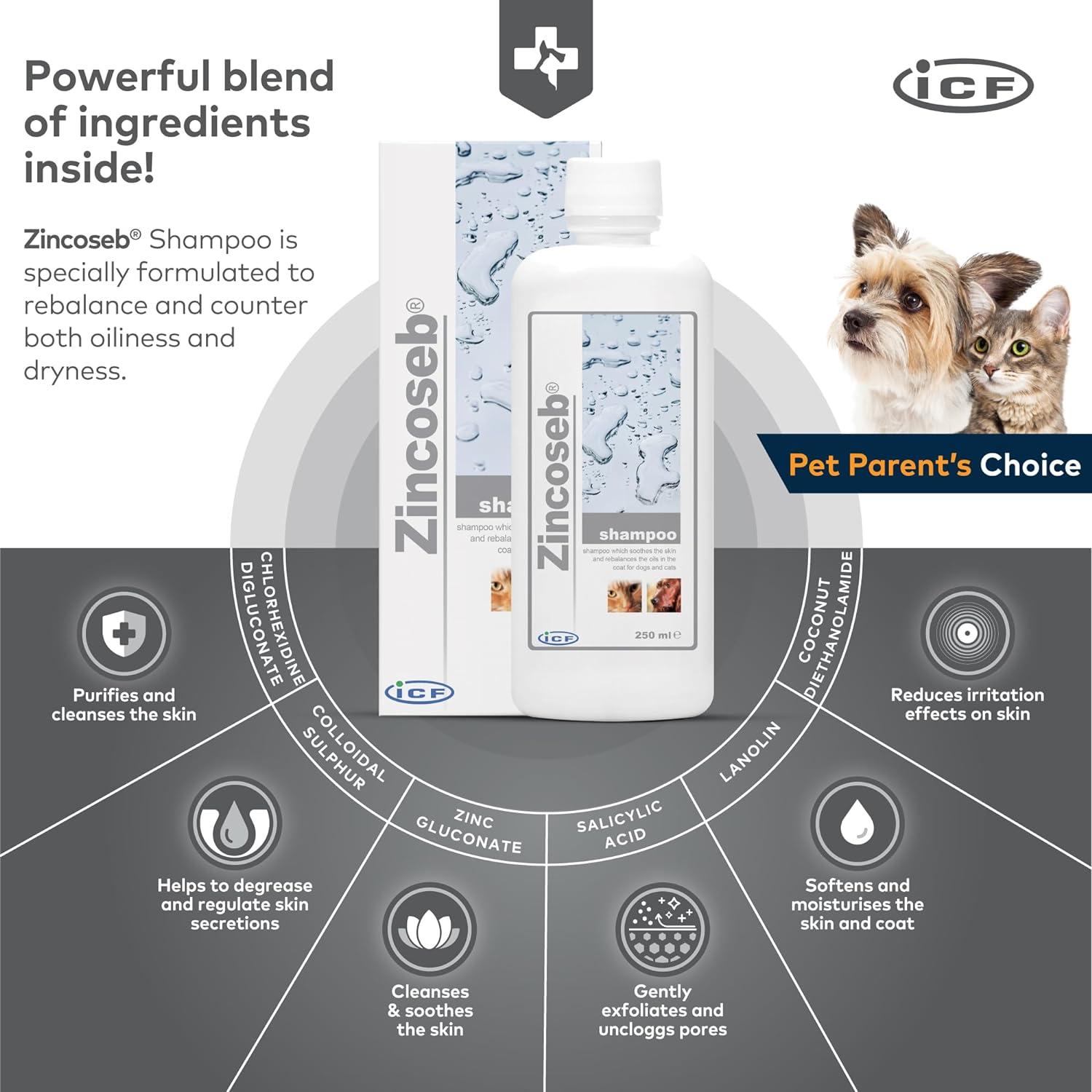 ICF Zincoseb Dog Shampoo for Itchy Skin Relief Anti Itch + Antifungal + Antibacterial for Dogs