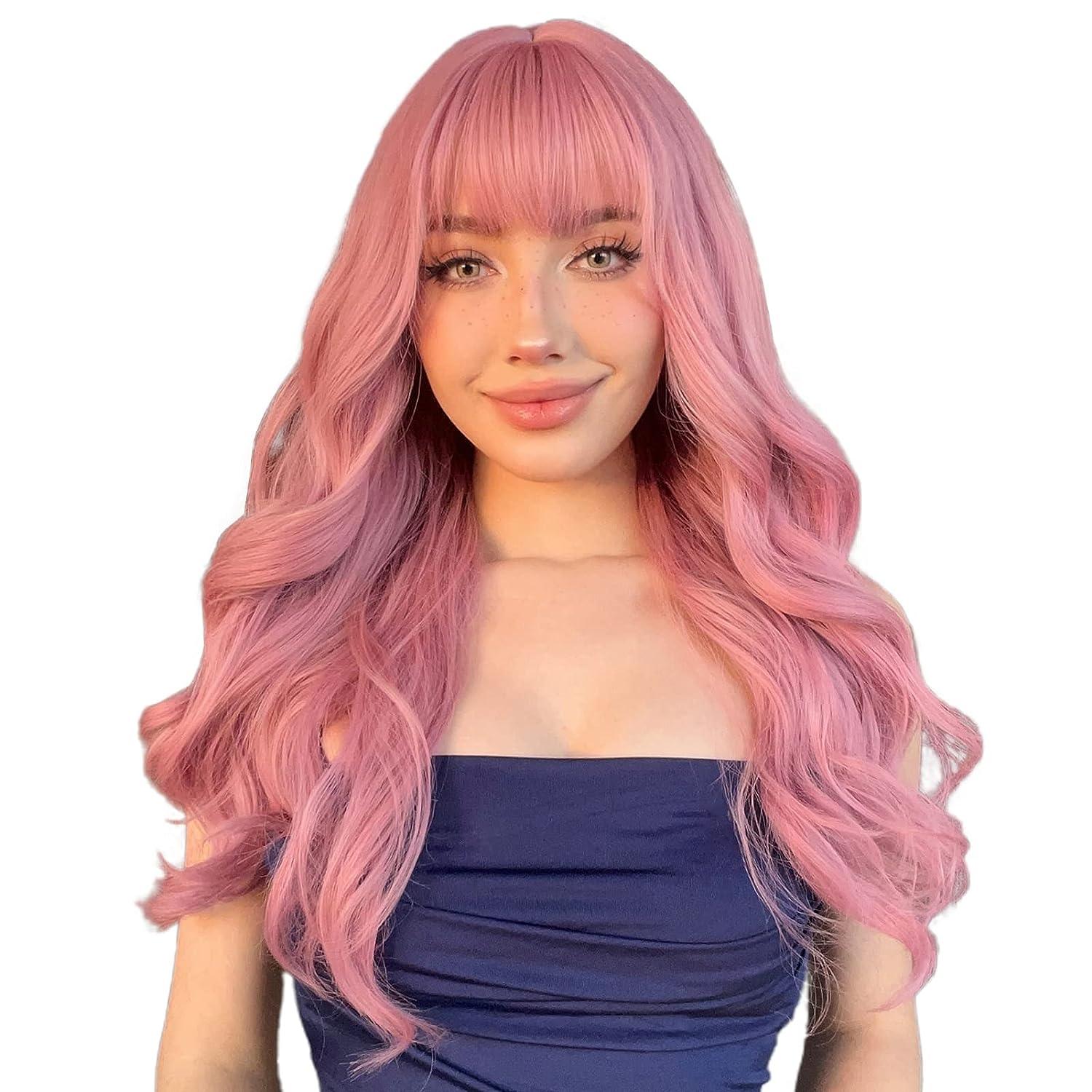 NAYASA Pink Wigs with Bangs Long Wavy Synthetic Wig for Women