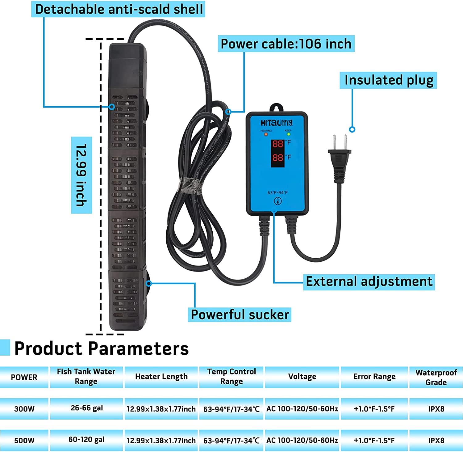 HiTauing Aquarium Heater 300W/500W with Intelligent Leaving Water