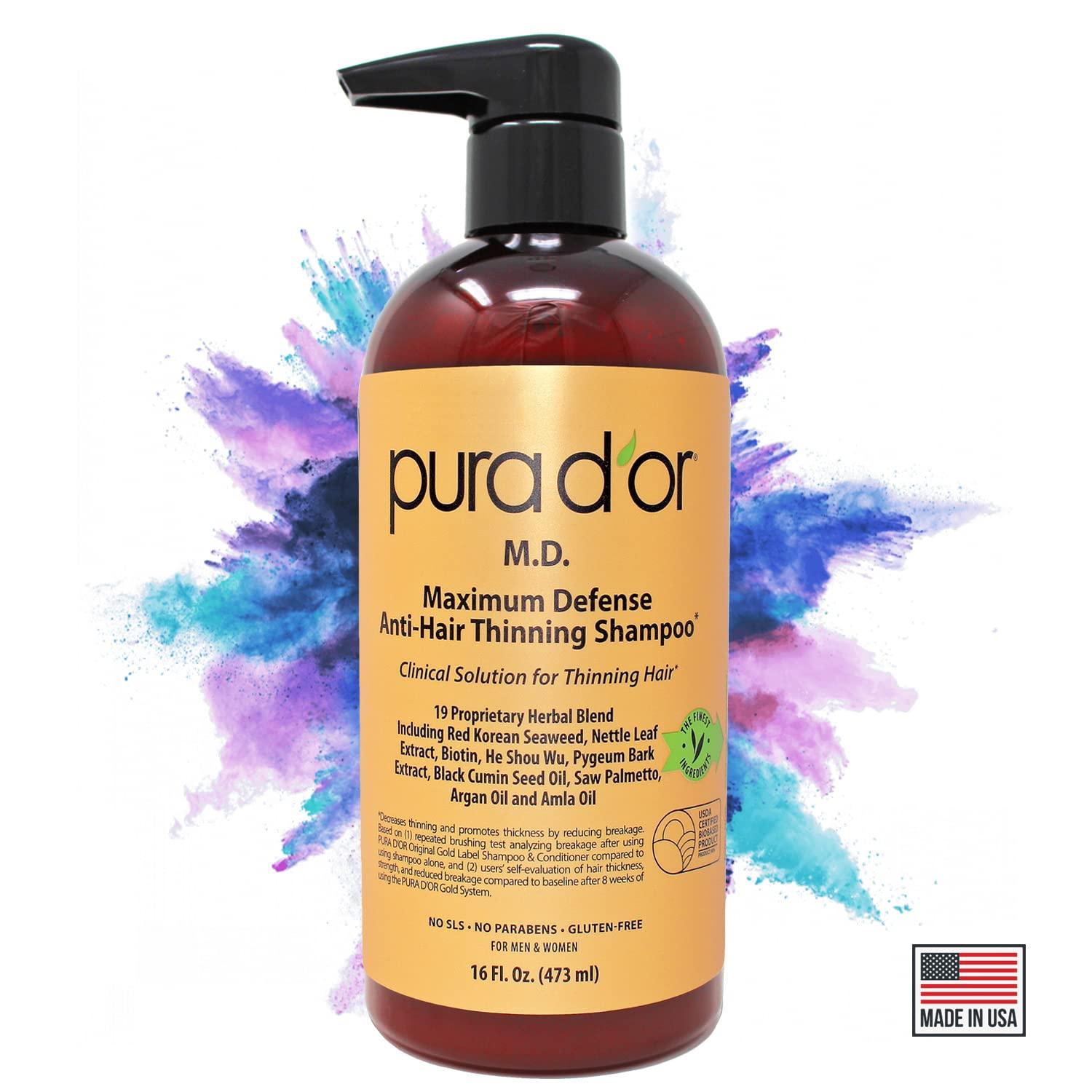 PURA D'OR MD Anti-Thinning Biotin Shampoo & Conditioner Set, Maximum  Defense Coal-Tar DHT Blocker Hair Thickening Products For Women & Men,  Daily Routine Shampoo For Scalp Health, Color Safe, 16oz x 2