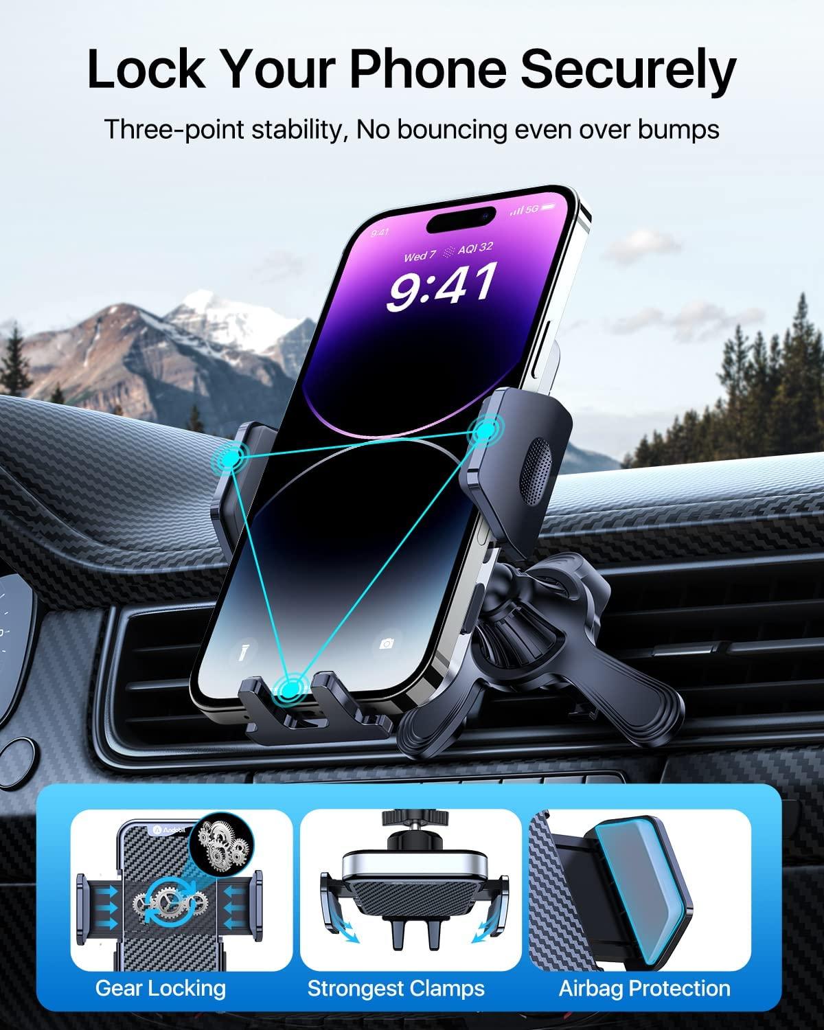  andobil Car Phone Holder Mount [2024 Upgraded] Smartphone Air  Vent Holder Mount Easy Clamp Hands-Free Compatible with iPhone 12 13 14 15  Pro Max Samsung Galaxy S24 Ultra S23 S22 S21