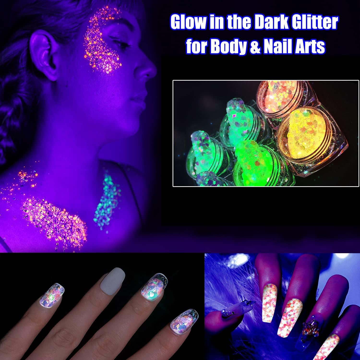 Glow in The Dark Glitter, JEMESI 6 Color Luminous Iridescent Chunky Glitter,  Cosmetic Craft Glitter Set for Epoxy Resin, Body, Face, Nail, Slime, Craft  and Festival Party Decoratio 6 Color Glow in