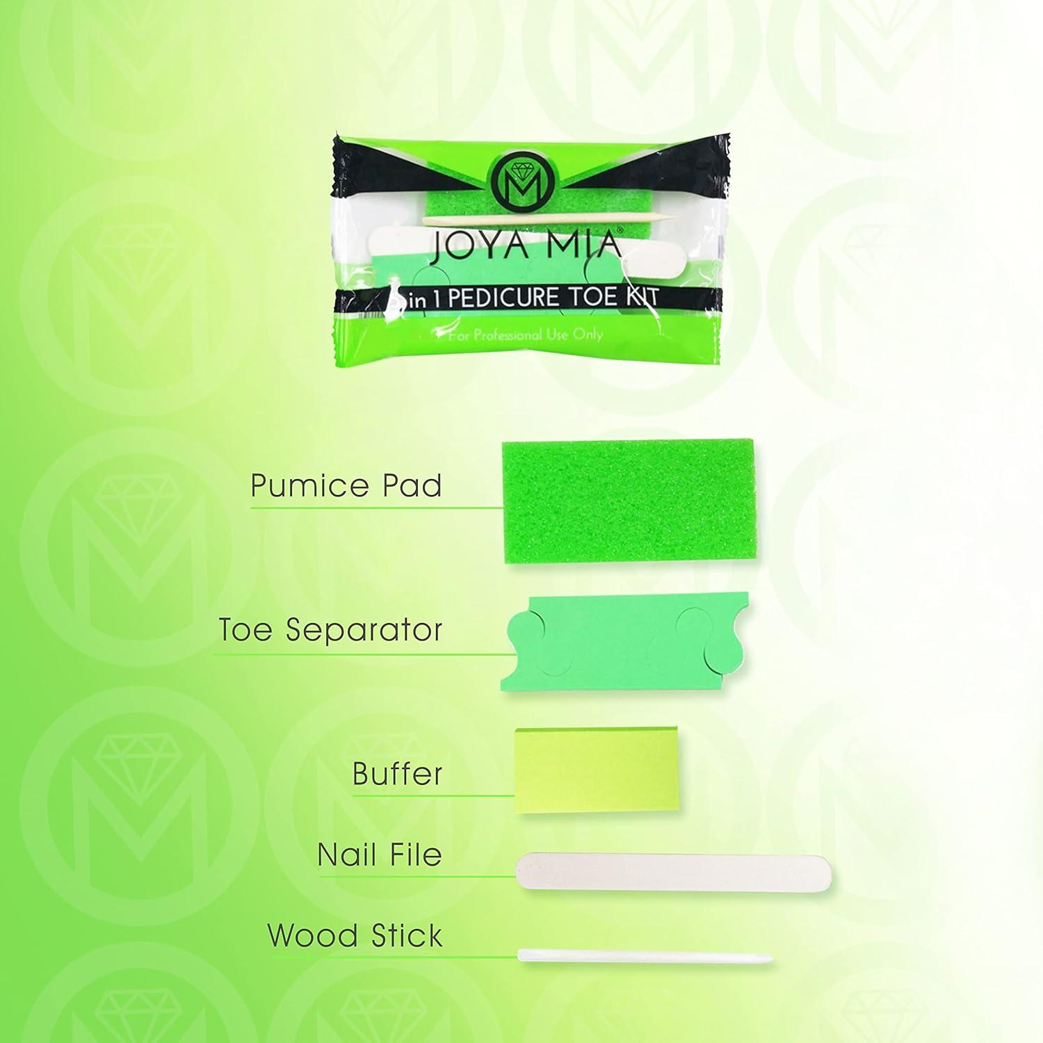 Disposable Pedicure Kit 5in1 by Joya Mia Including: Pumice Pad Nail File  100/180 Green Mini Buffer 100/180 Wood Stick Green Toe Separator  Individually Packed 200 Count in Box (5in1 200.00) 5in1 200.0
