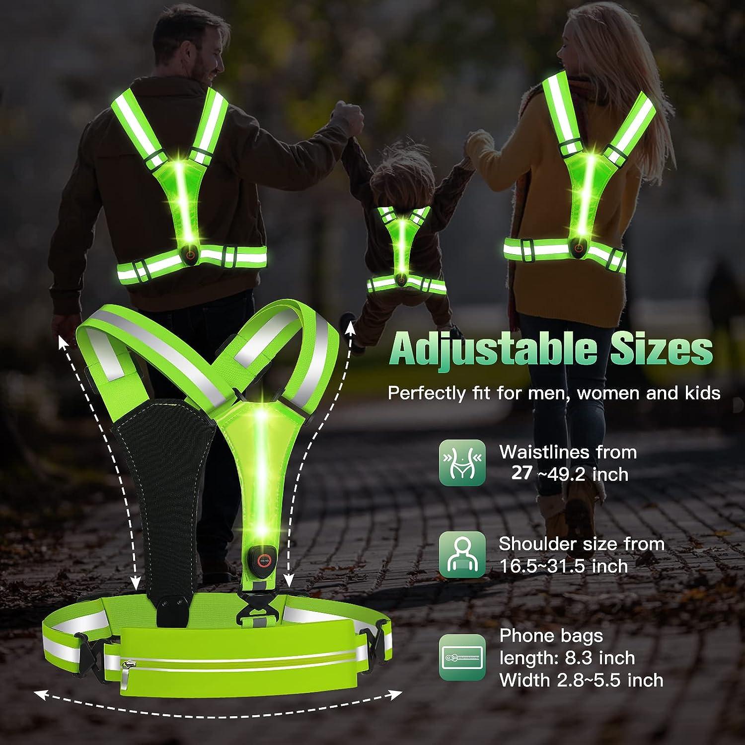 YICFIS Upgraded LED Reflective Vest Running Gear, USB Rechargeable Running  Gear Night Light up Vest Safety Gear Adjustable Size for Runners Walkers  Men Women Green