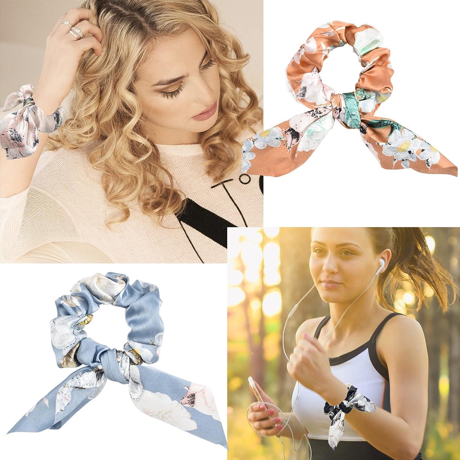 5 Pcs Floral Hair Scarf Scrunchies Bowknot hair ribbons Hand Bands Elastic  Ropes Ponytail Holder Printed Flower Bow Scrunchy Soft Scarf Hair Ties for