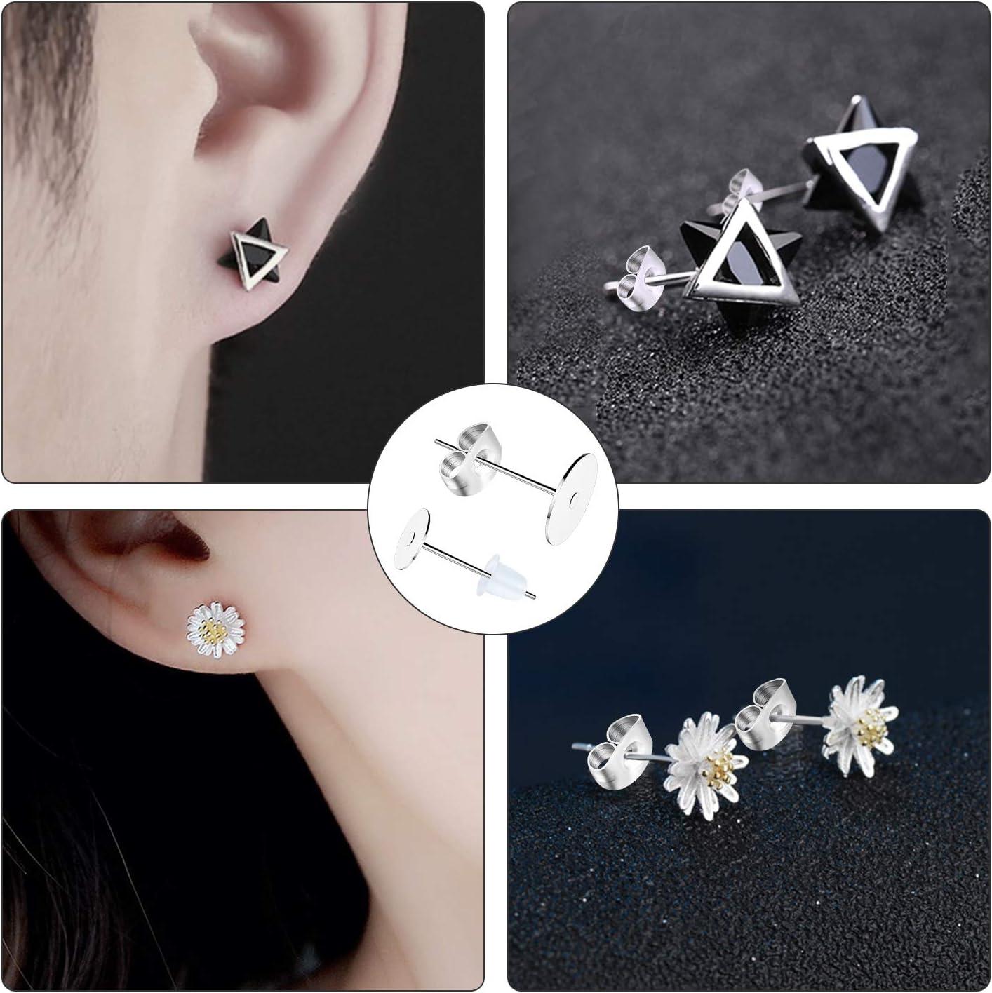 Earring Posts Stainless Steel Hypoallergenic, 420Pcs 4mm/6mm Steel Flat Pad  Earring Studs, Butterfly and Clear Rubber Earring Backs for Jewelry Making