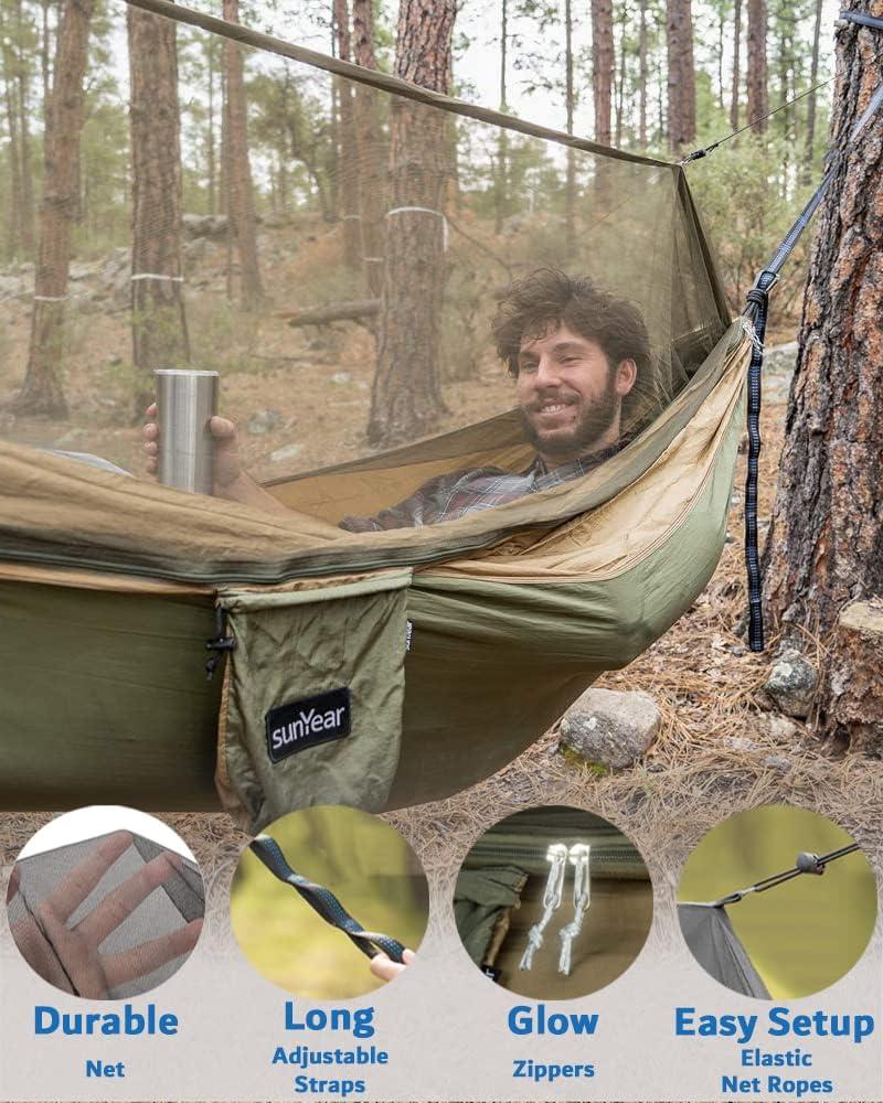 Sunyear Single & Double Camping Hammock with Net, Portable Outdoor Tree  Hammock 2 Person Hammock for Camping Backpacking Survival Travel, 10ft  Hammock Tree Straps and 2 Carabiners, Easy to Setup 