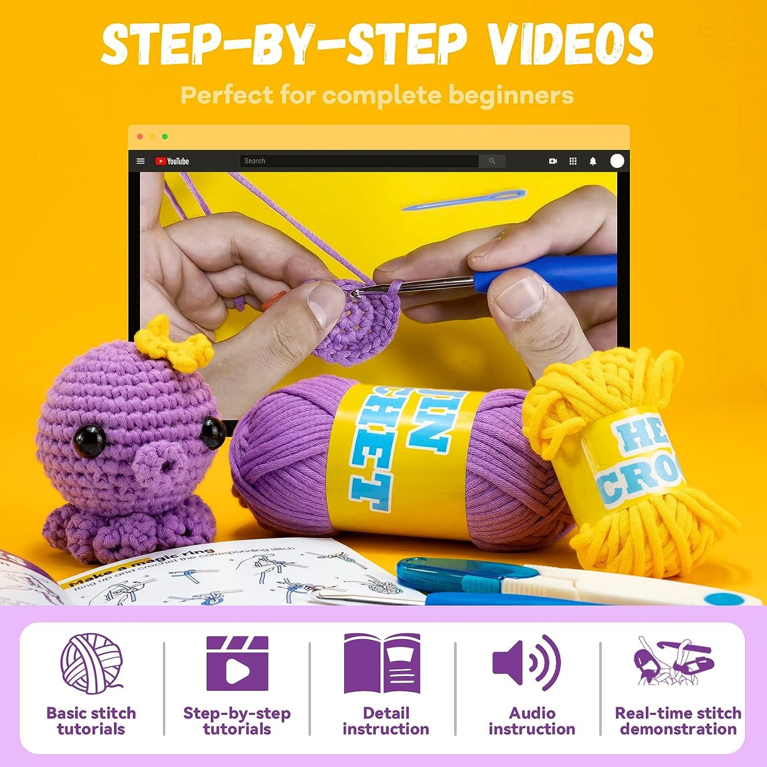  HEJIN Crochet Kit for Beginners, 6 PCS Beginner Crochet kit for  Adults Kids Include Videos Tutorials, 200% Yarn, Eyes, Stuffing, Crochet  Hook - Gift for Girl Birthday, Christmas