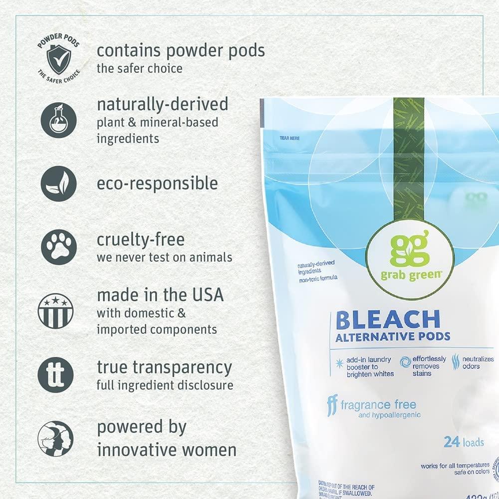 Grab Green Bleach Alternative Pods, 24 Count, Chlorine Free, Fragrance Free, Plant and Mineral