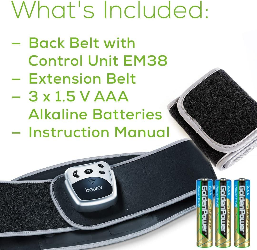  Beurer EM38 Lower Back Pain Relief Belt, TENS Unit Muscle  Stimulator, 4 Electrodes, Adjustable & Breathable, Women & Men, Fits  30”-55” Waist