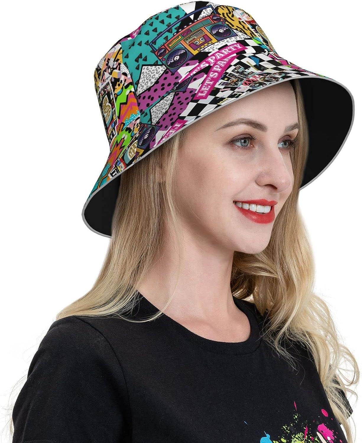 Retro Fashion 80s 90s Bucket Hat for Men Women Funny Summer Beach Fishing  Hat Packable Outdoor Sun Fisherman Hat Black-1 One Size