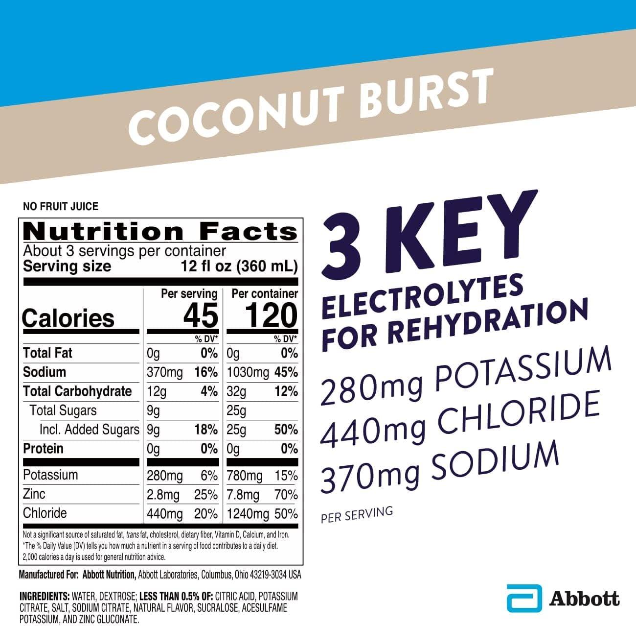 Pedialyte Electrolyte Solution, Coconut Burst, Hydration Drink, 4 bottles, 1 liter each