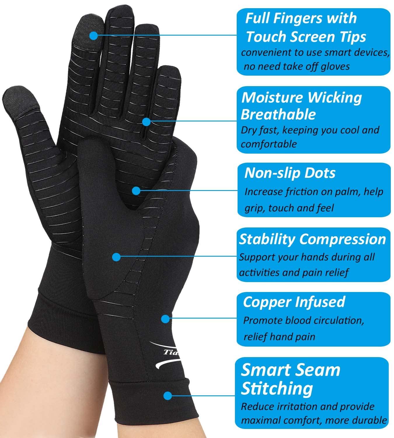 2 Pairs Copper Arthritis Gloves with Touch Screen, Full Finger Compression  Gloves for Men Women Relieve Hand Pain Swelling and Carpal Tunnel, Support  Wrist and Hand Joint (Black, Large (2 Pairs)) Black