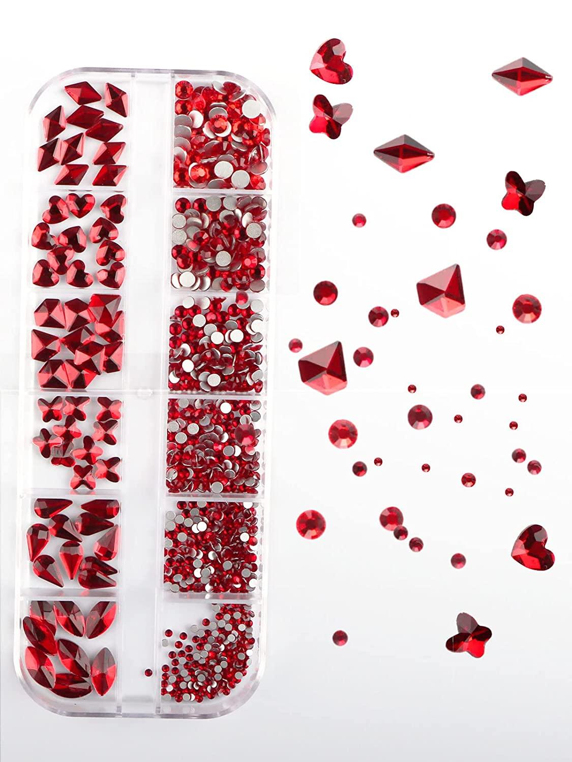 EBANKU Red Nail Rhinestones Hearts Butterfly Round Shaped Nail Art Crystals  Diamonds Flat Back Rhinestones 3D Diamond Stone Nail Gems with Tweezers Red  Diamond