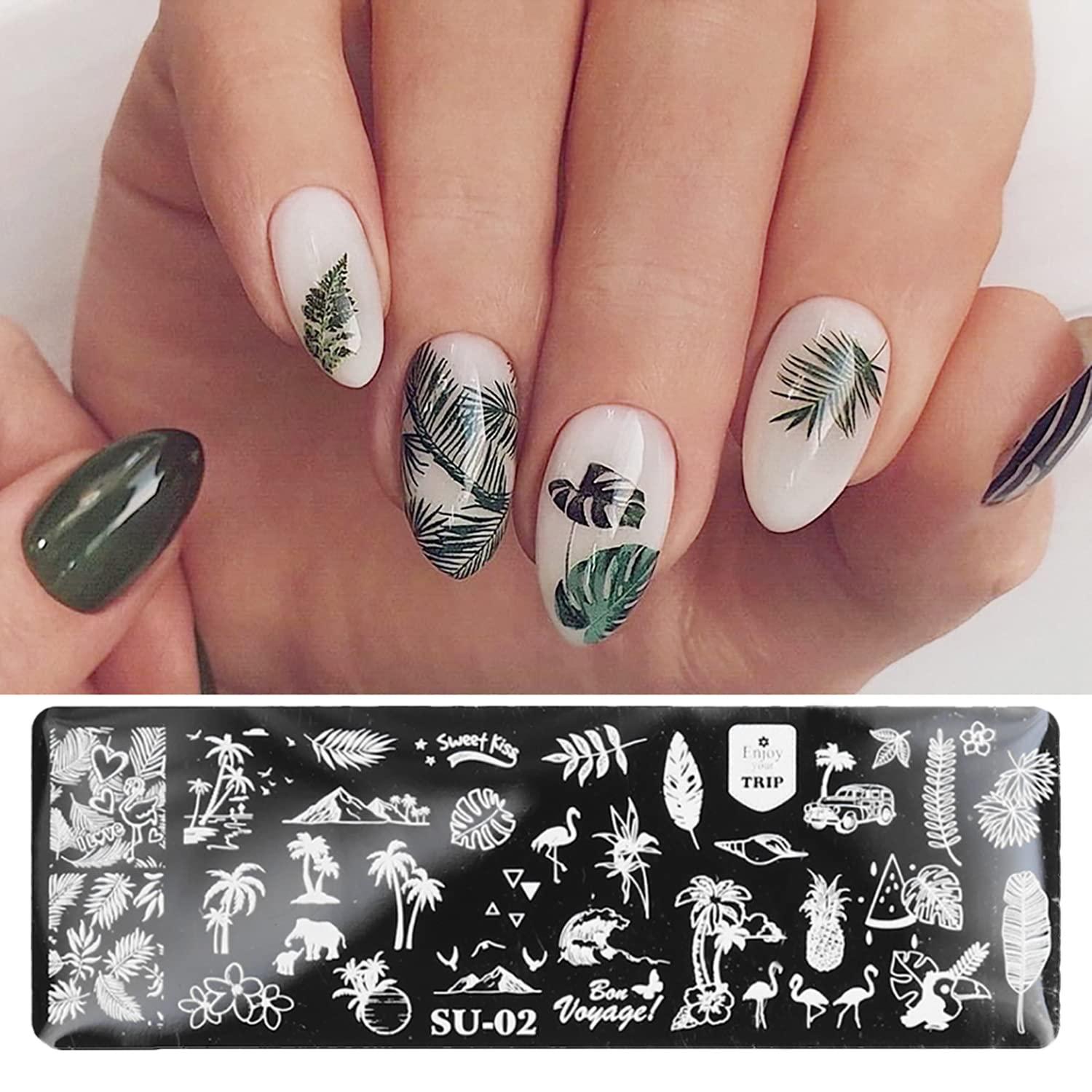 8Pcs Nail Stamping Plate +1 Stamper +1 Scraper Daisies, Leaves, Letters,  Lines, Lips, Flowers